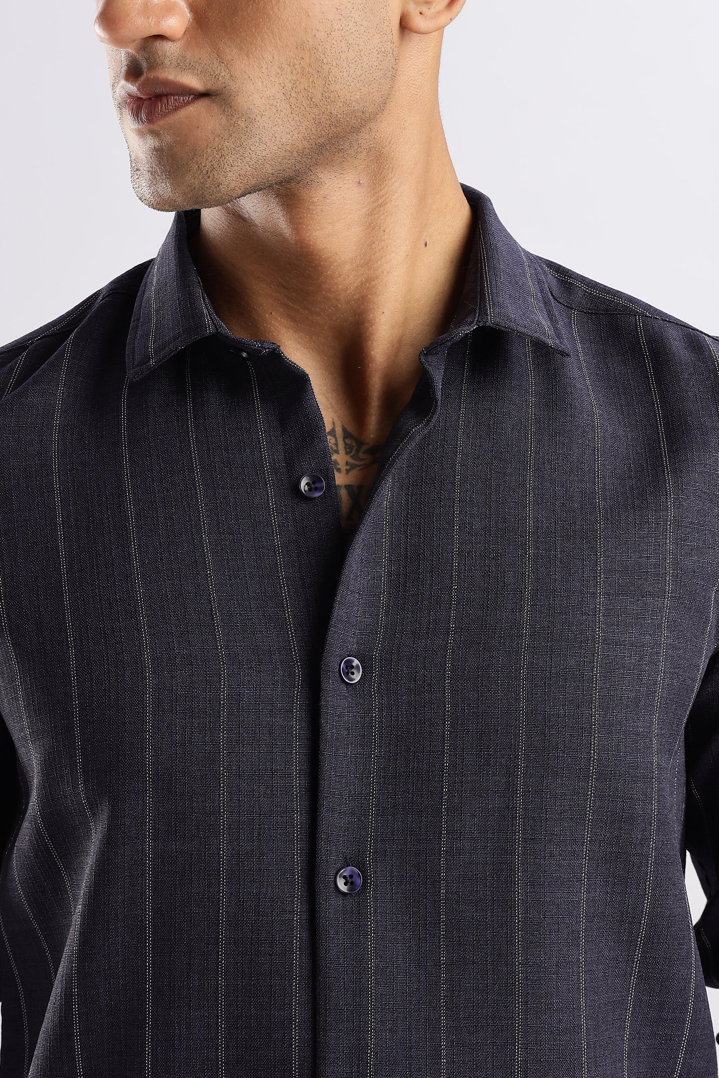 Men Air Like Linen Stripes Shirt-Navy