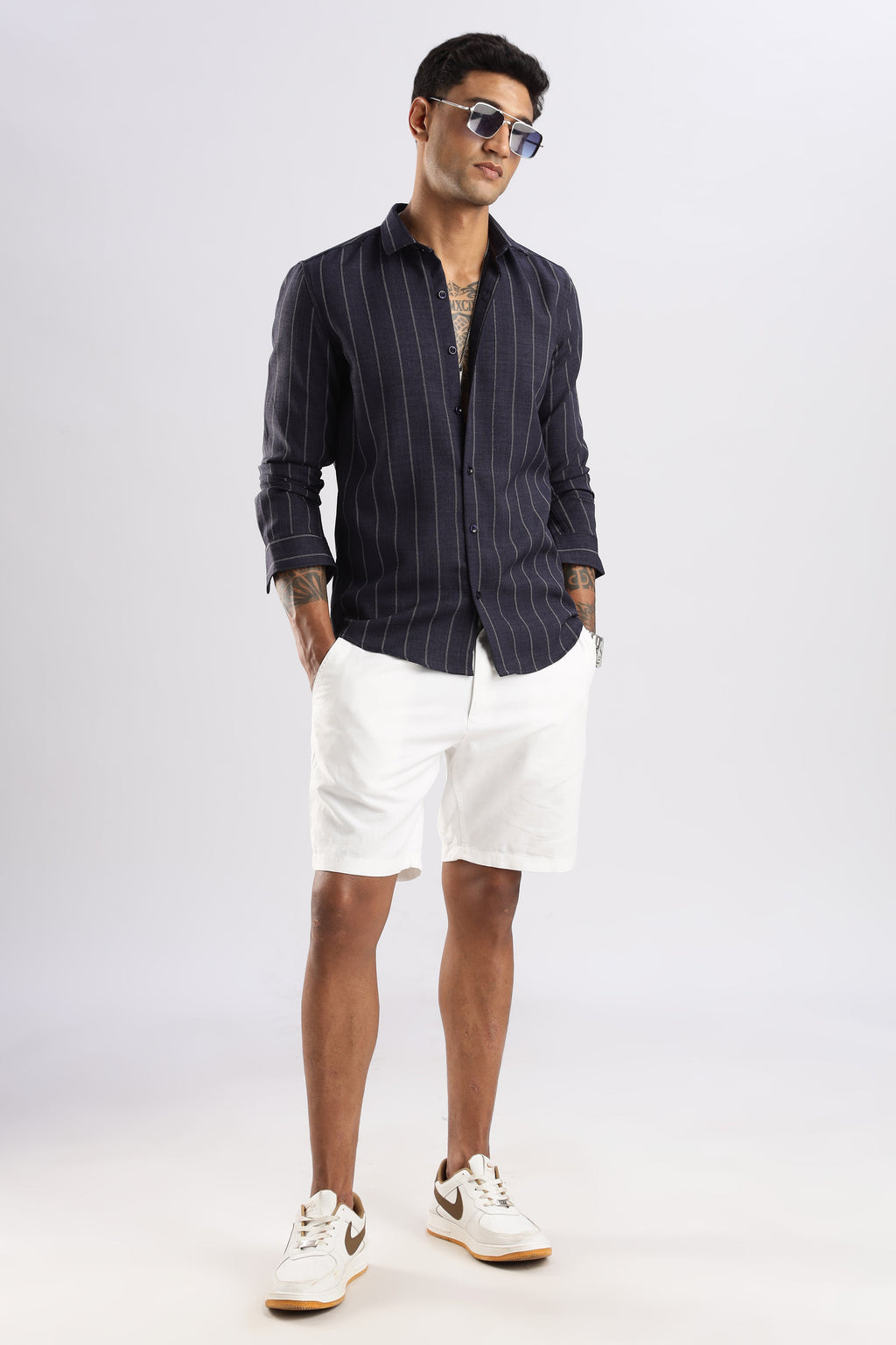 Men Air Like Linen Stripes Shirt-Navy