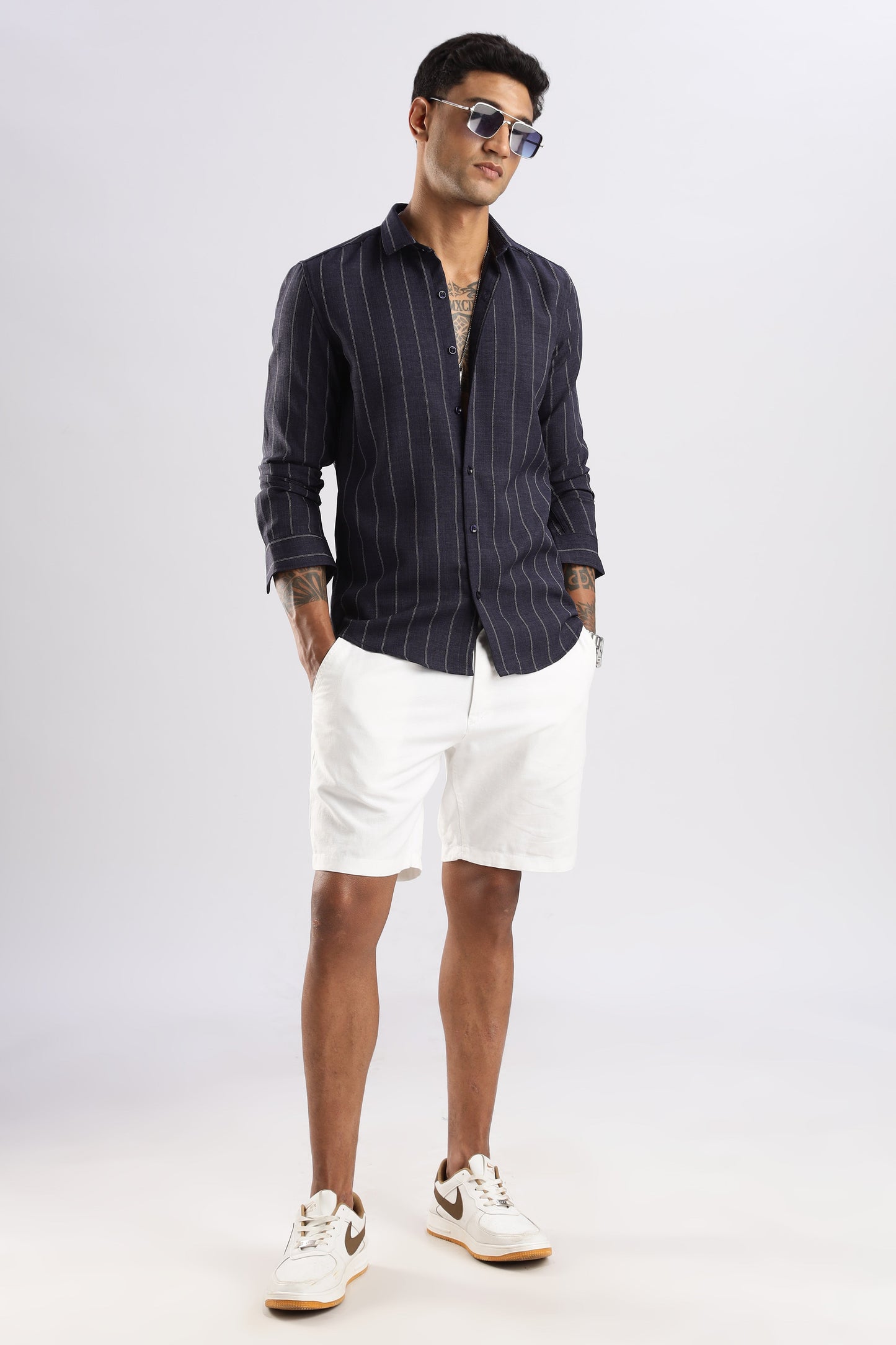 Men Air Like Linen Stripes Shirt-Navy
