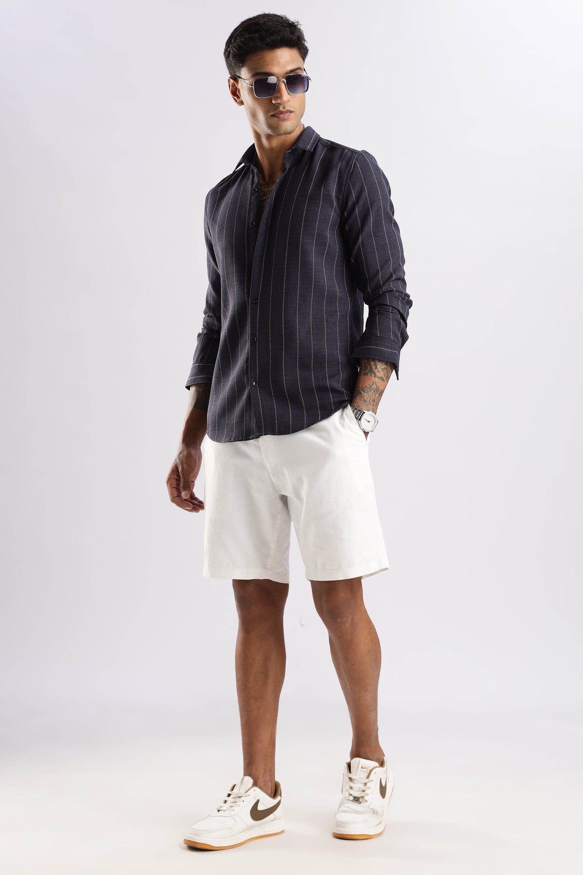 Men Air Like Linen Stripes Shirt-Navy