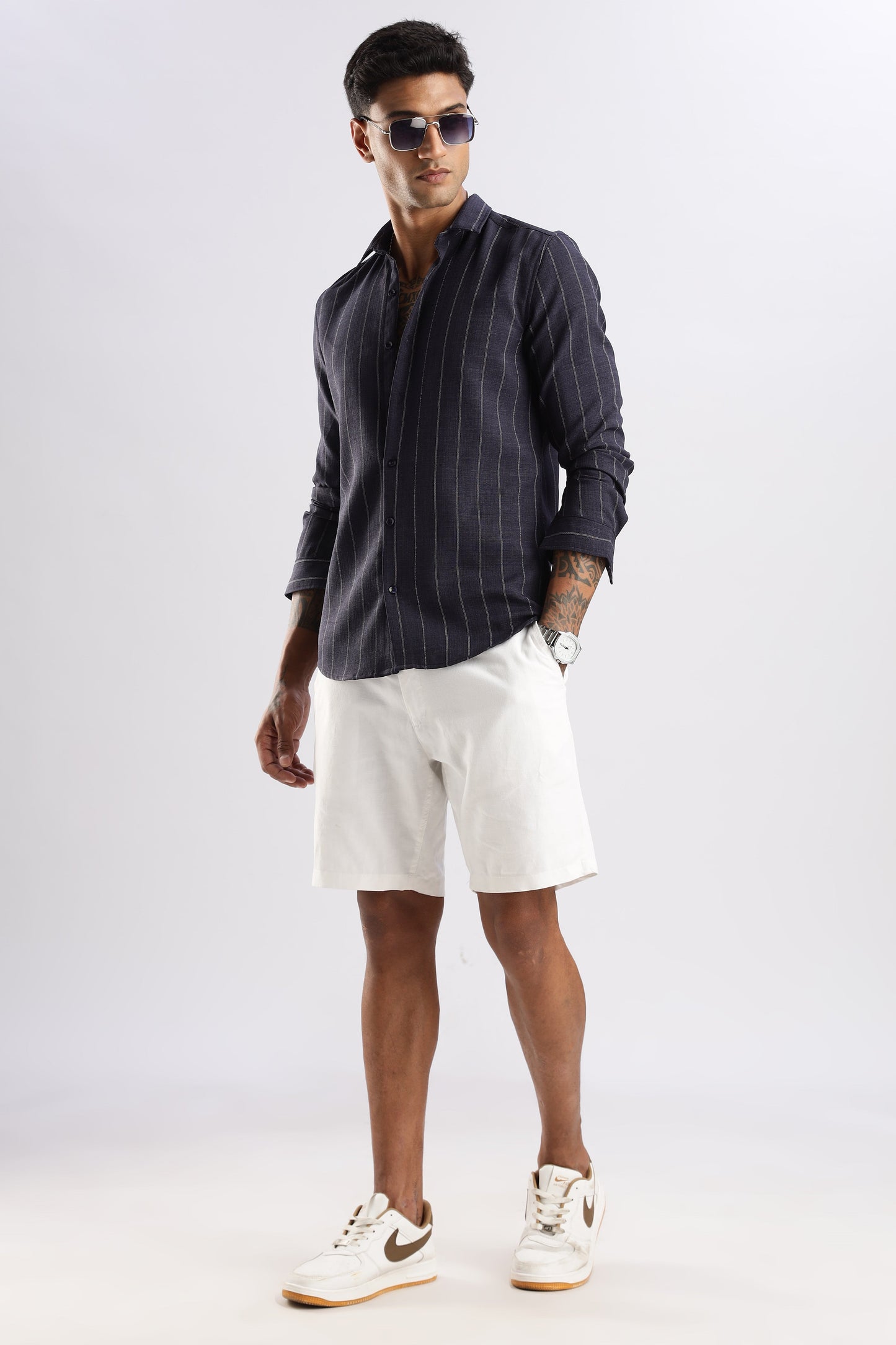 Men Air Like Linen Stripes Shirt-Navy