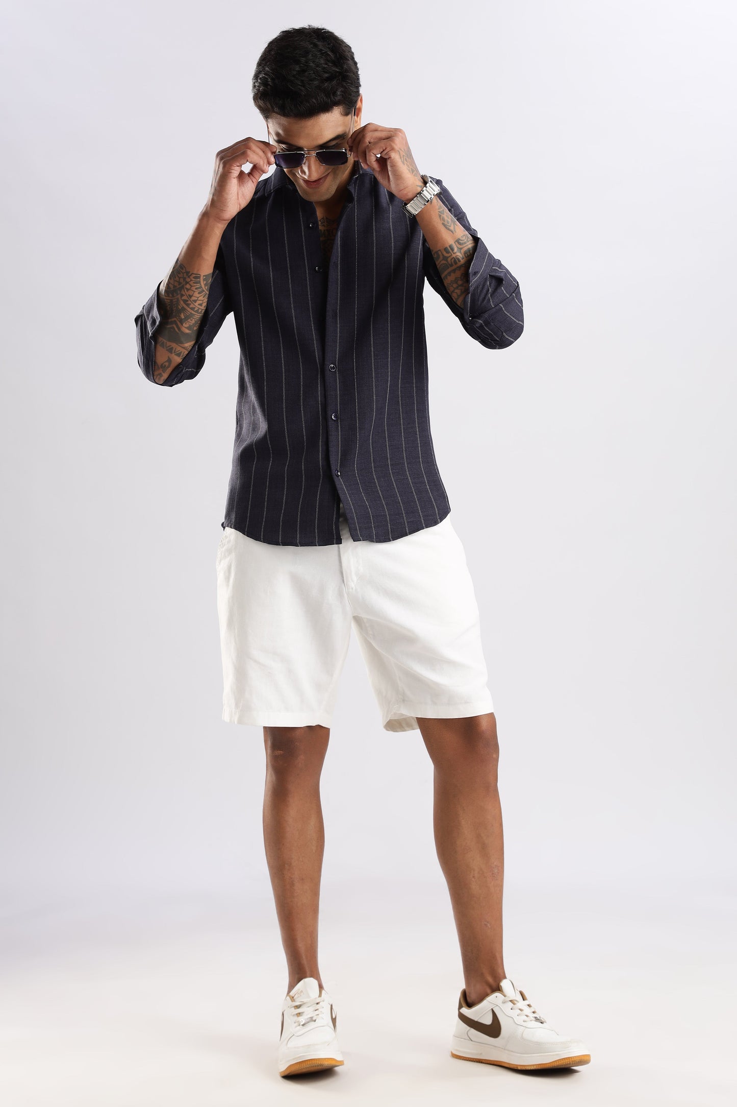 Men Air Like Linen Stripes Shirt-Navy