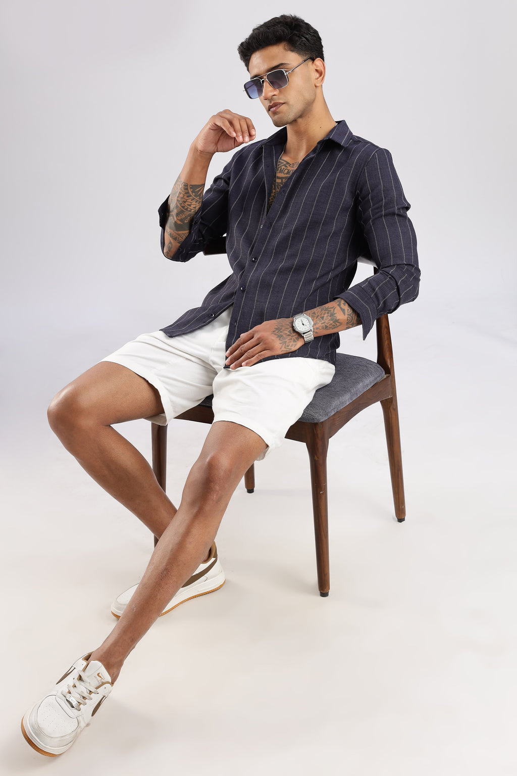 Men Air Like Linen Stripes Shirt-Navy