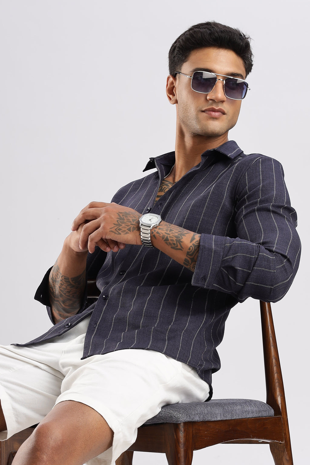 Men Air Like Linen Stripes Shirt-Navy