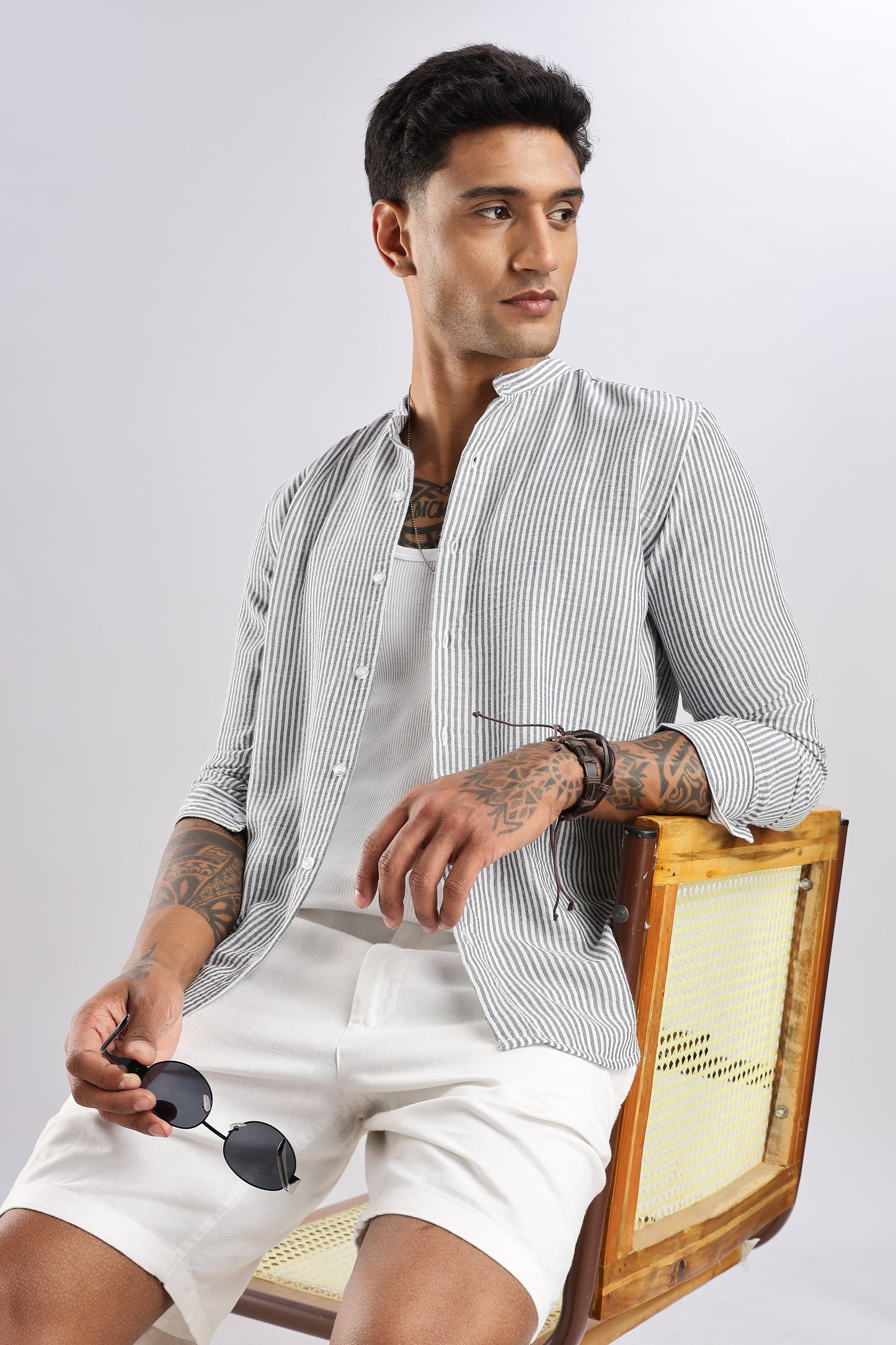 Men Linen Like Lining Mandrine Collar Shirt -Lt Grey