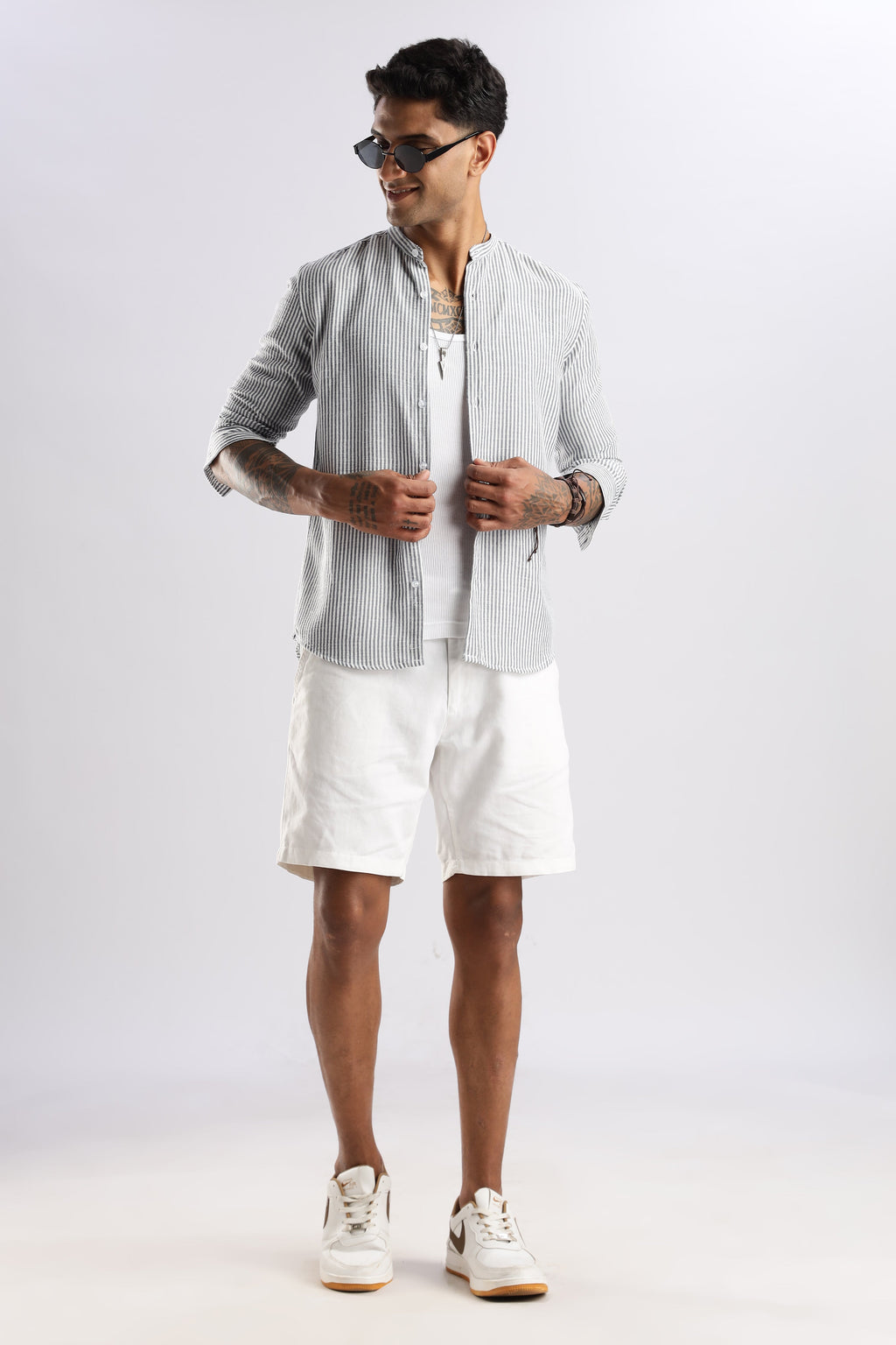 Men Linen Like Lining Mandrine Collar Shirt -Lt Grey