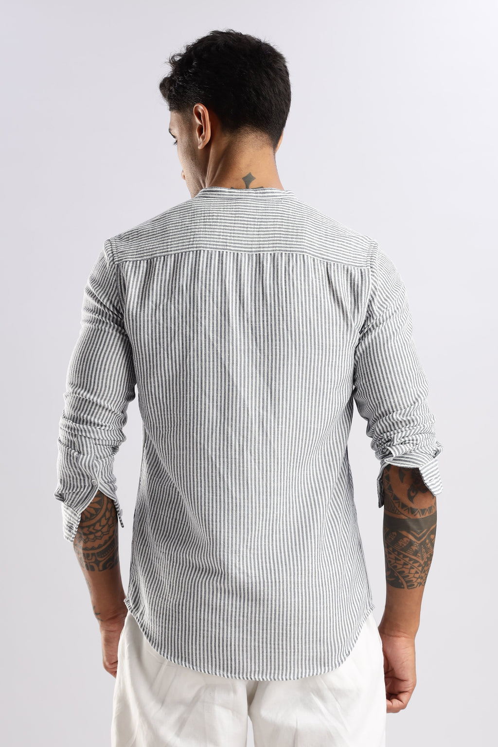 Men Linen Like Lining Mandrine Collar Shirt -Lt Grey