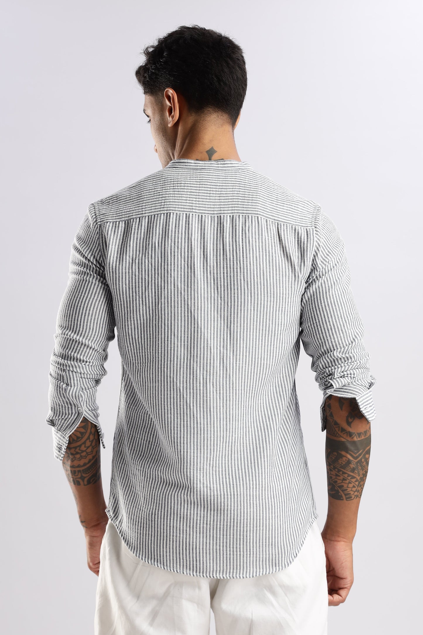 Men Linen Like Lining Mandrine Collar Shirt -Lt Grey