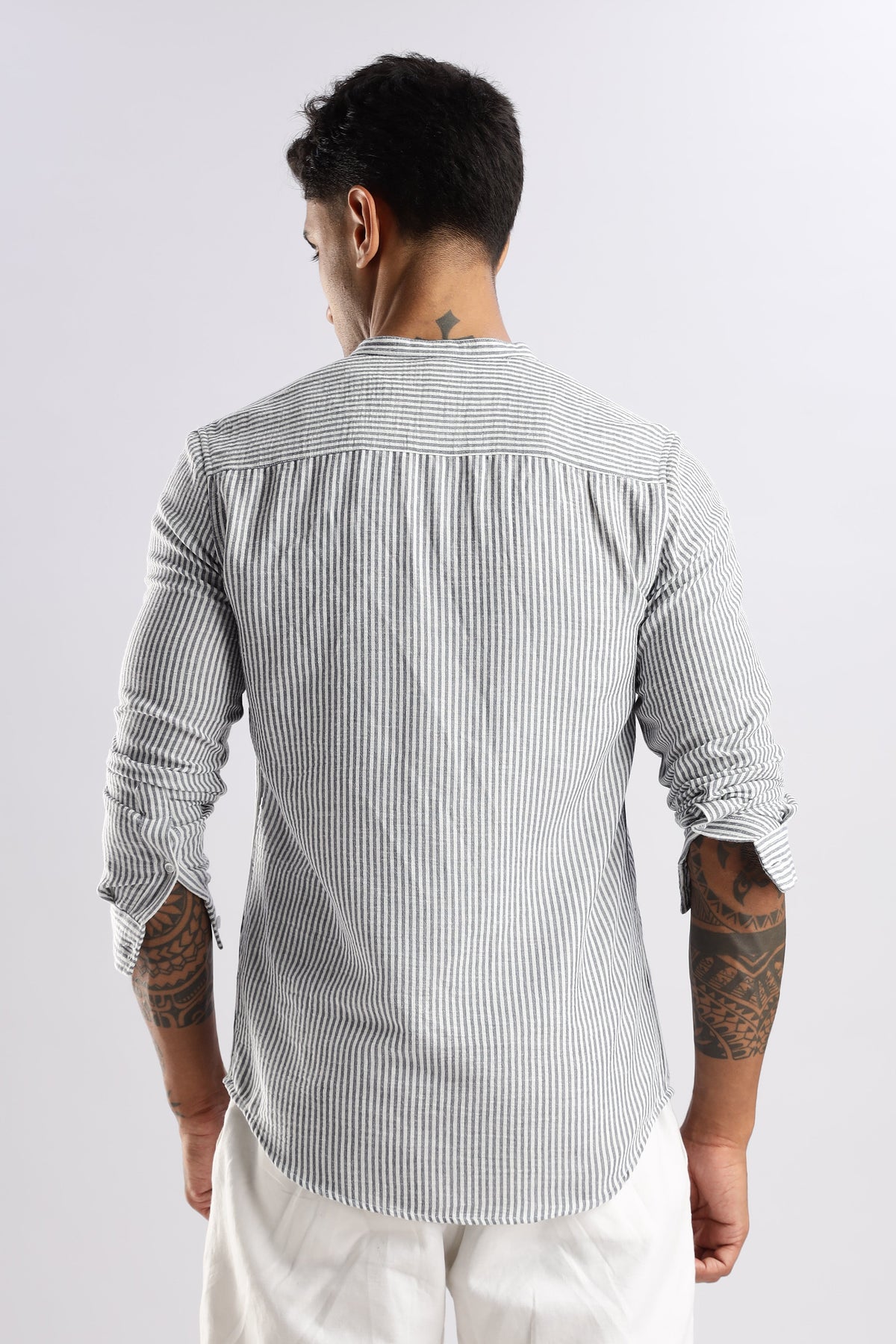 Men Linen Like Lining Mandrine Collar Shirt -Lt Grey