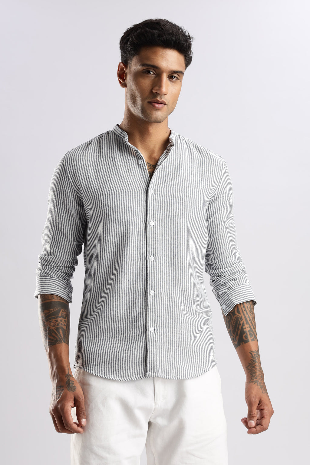 Men Linen Like Lining Mandrine Collar Shirt -Lt Grey
