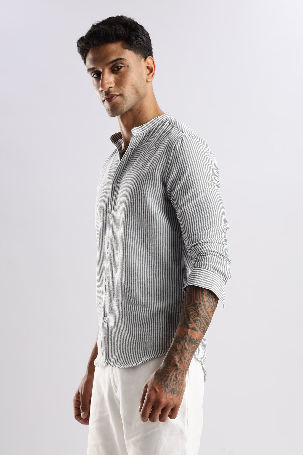 Men Linen Like Lining Mandrine Collar Shirt -Lt Grey