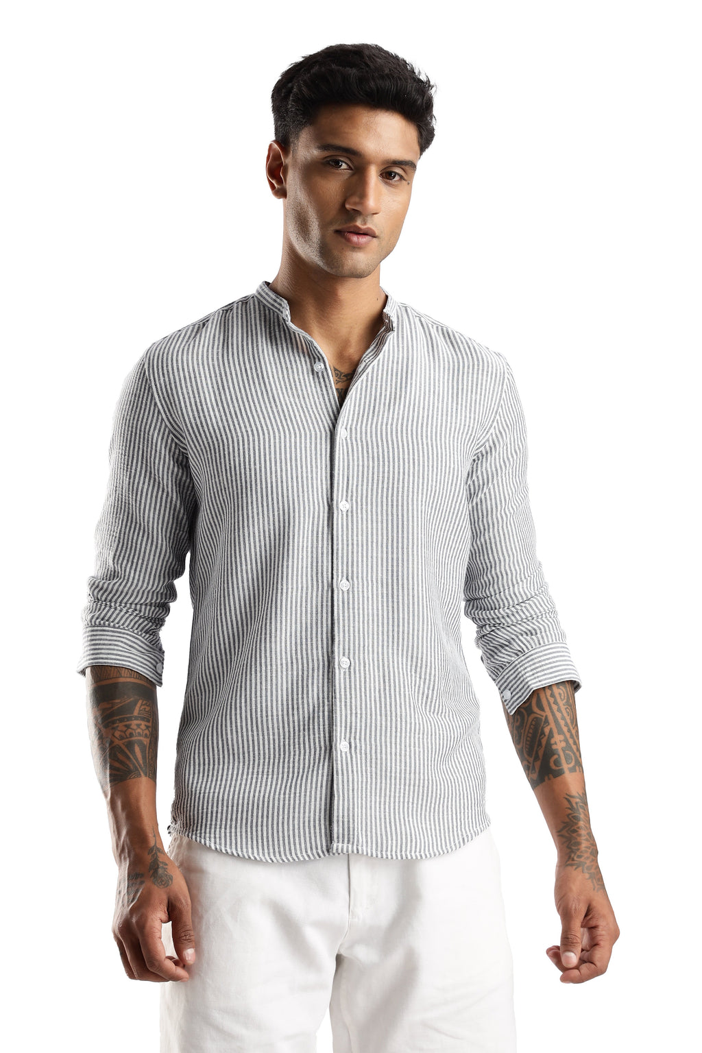 Men Linen Like Lining Mandrine Collar Shirt -Lt Grey