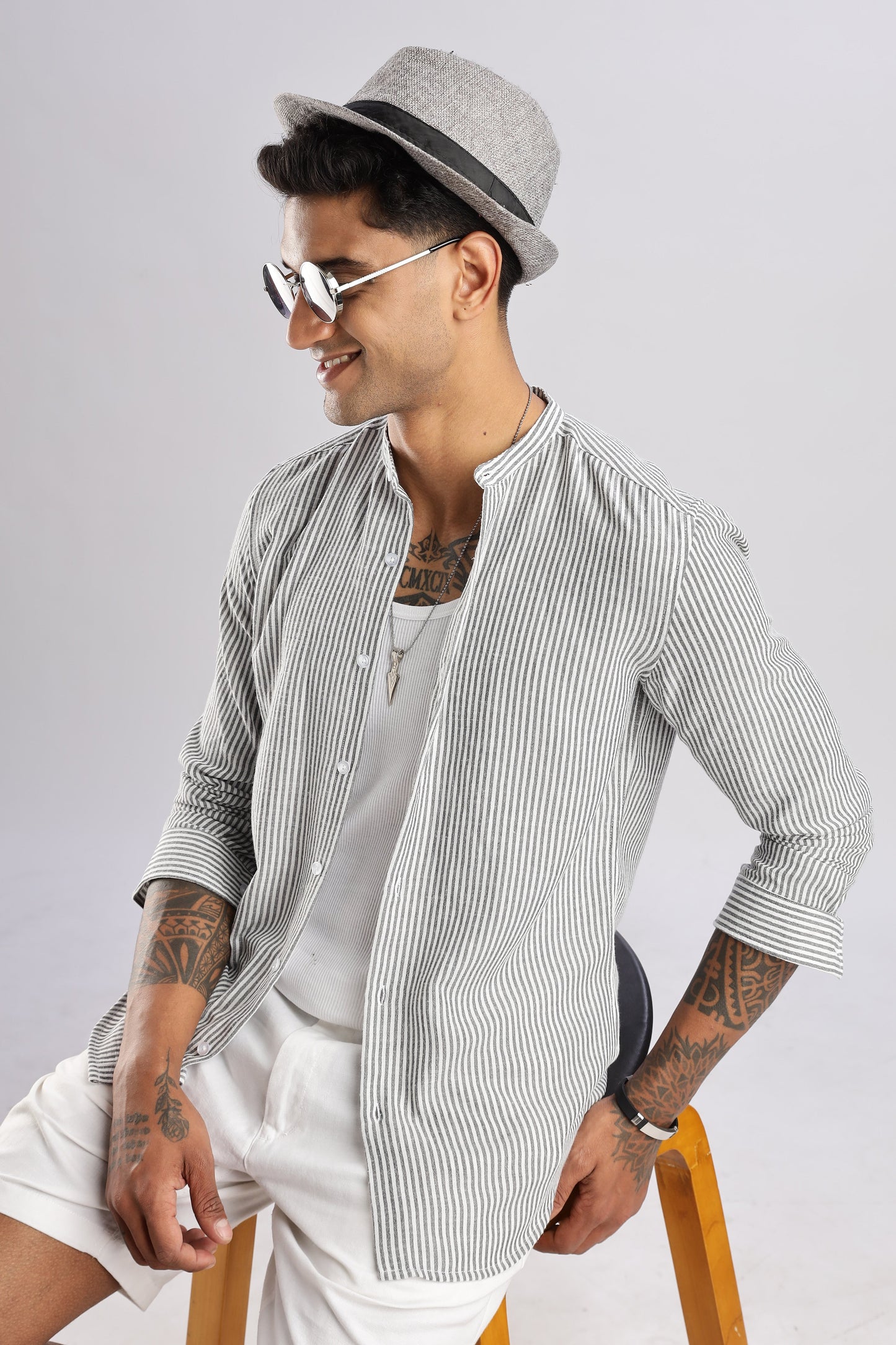 Men Linen Like Lining Mandrine Collar Shirt -Dk Grey