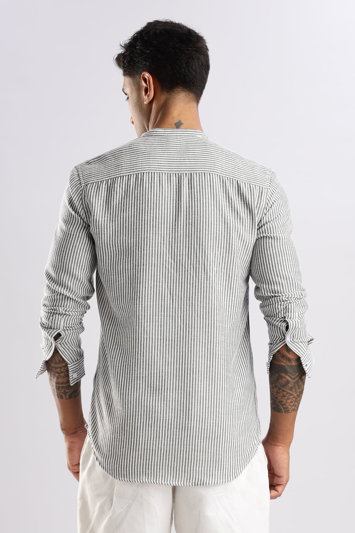 Men Linen Like Lining Mandrine Collar Shirt -Dk Grey