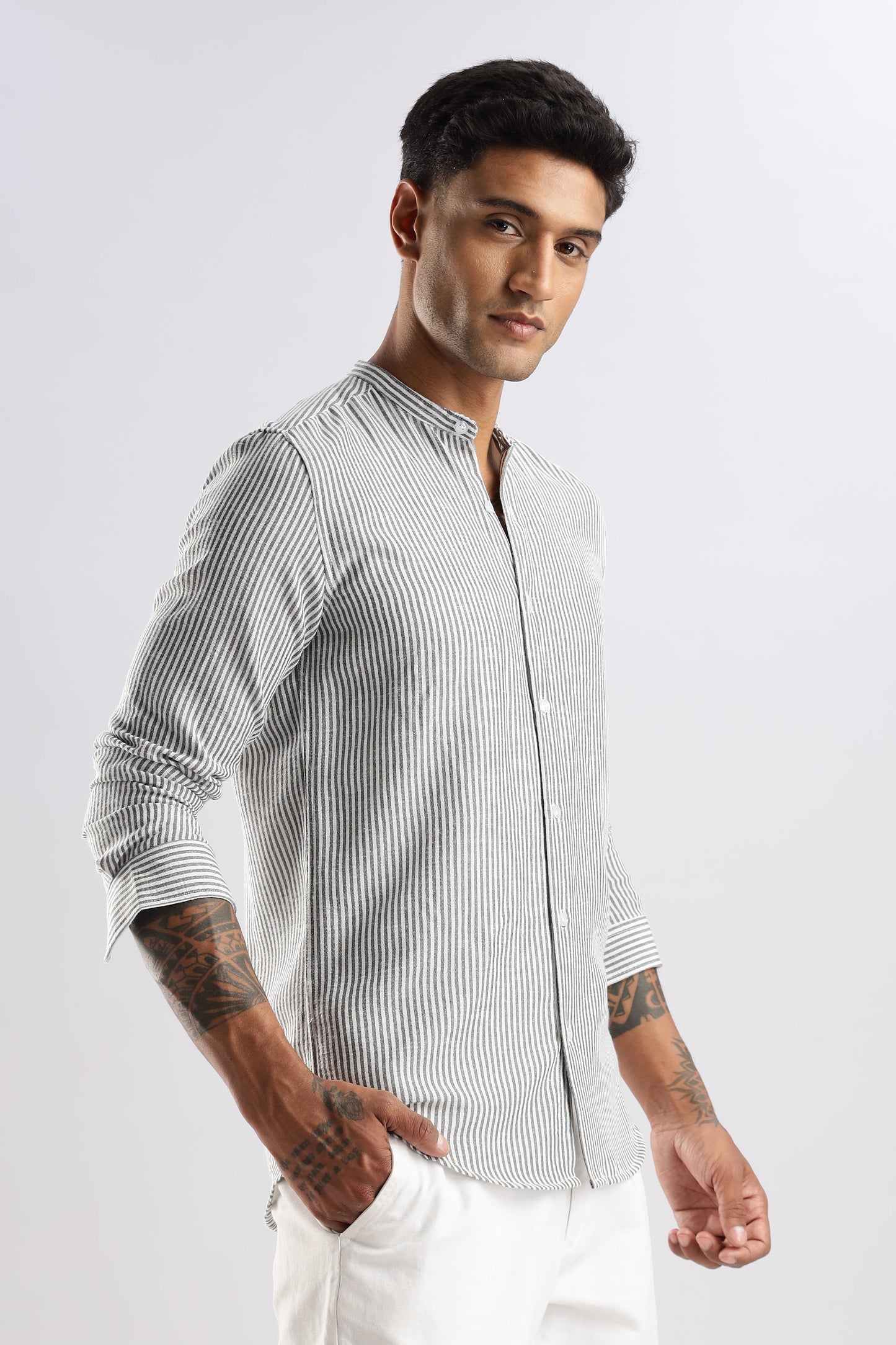 Men Linen Like Lining Mandrine Collar Shirt -Dk Grey