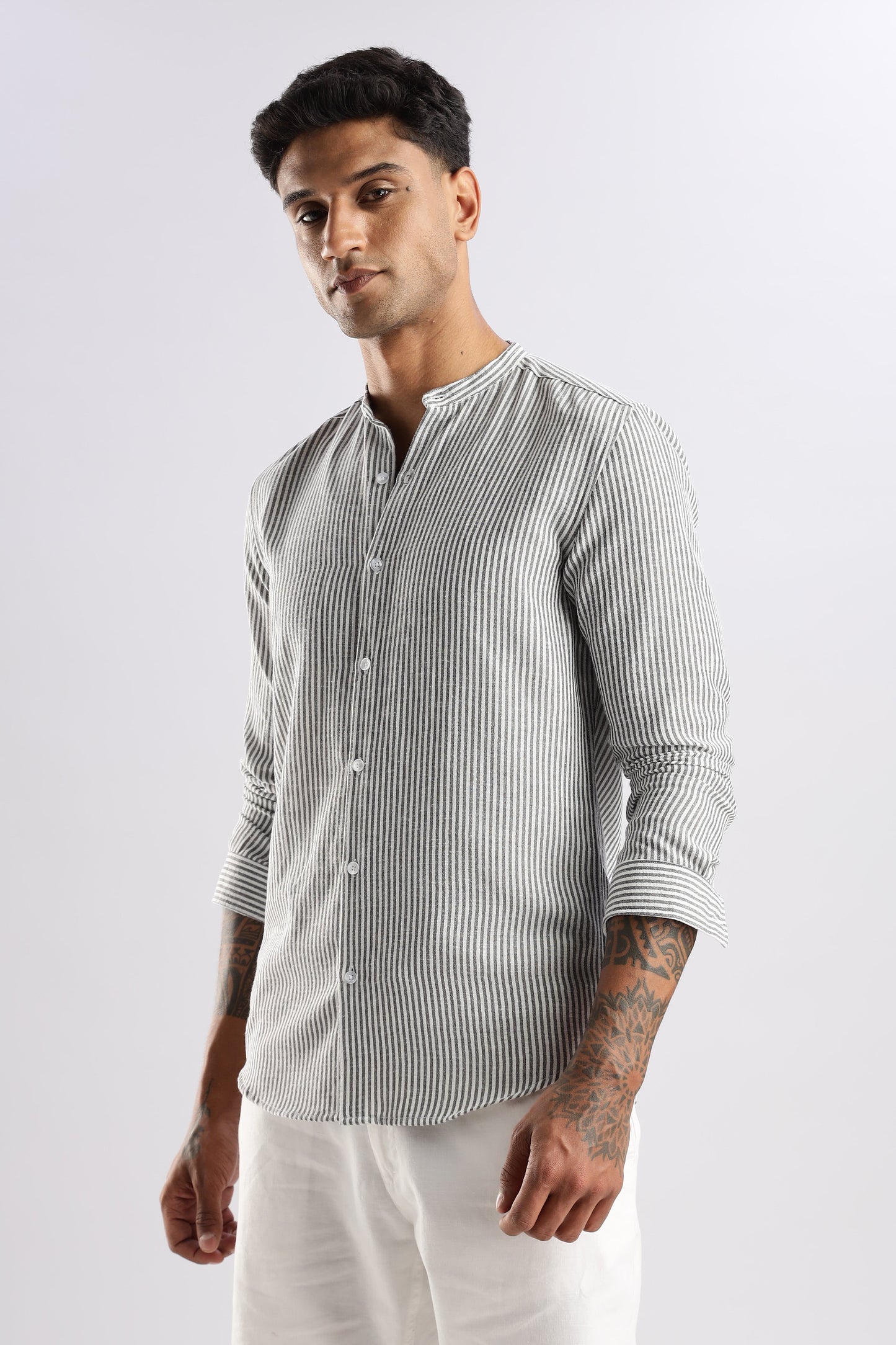 Men Linen Like Lining Mandrine Collar Shirt -Dk Grey