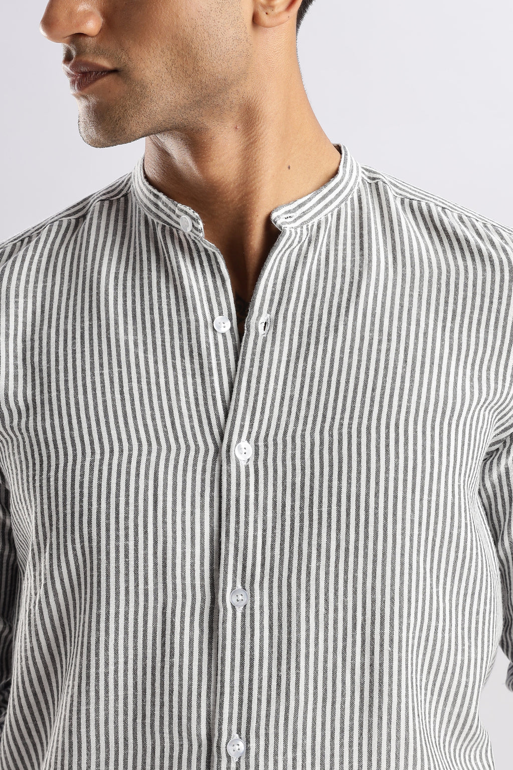Men Linen Like Lining Mandrine Collar Shirt -Dk Grey
