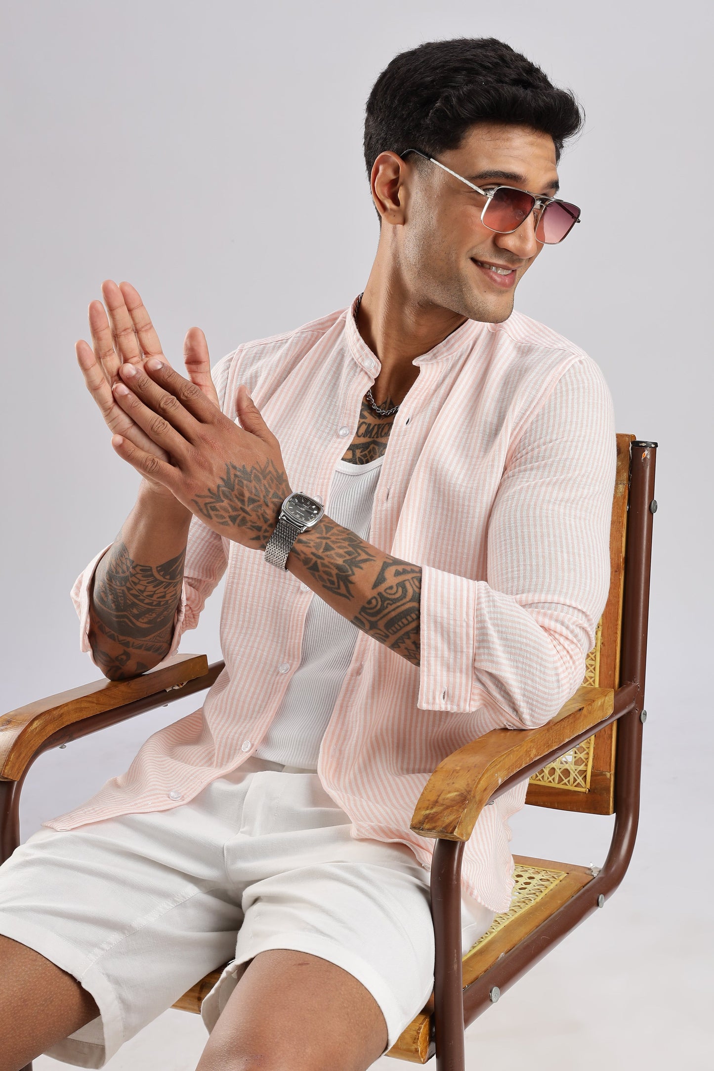 Men Linen Like Lining Mandrine Collar Shirt -Pink