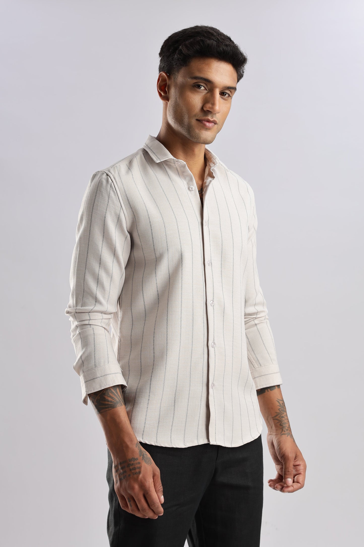 Men Air Like Linen Stripes Shirt-Beige