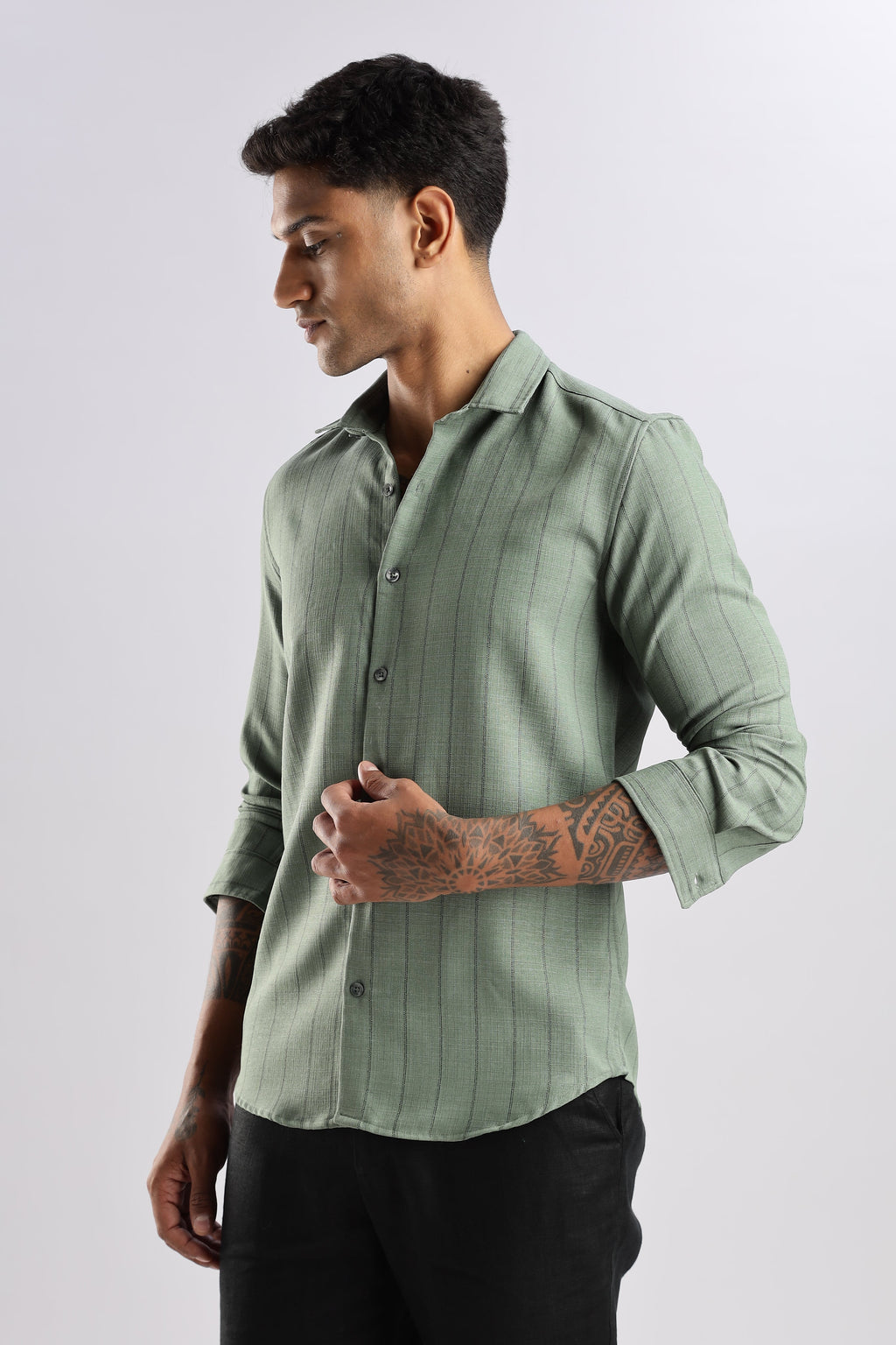 Men Air Like Linen Stripes Shirt-Olive
