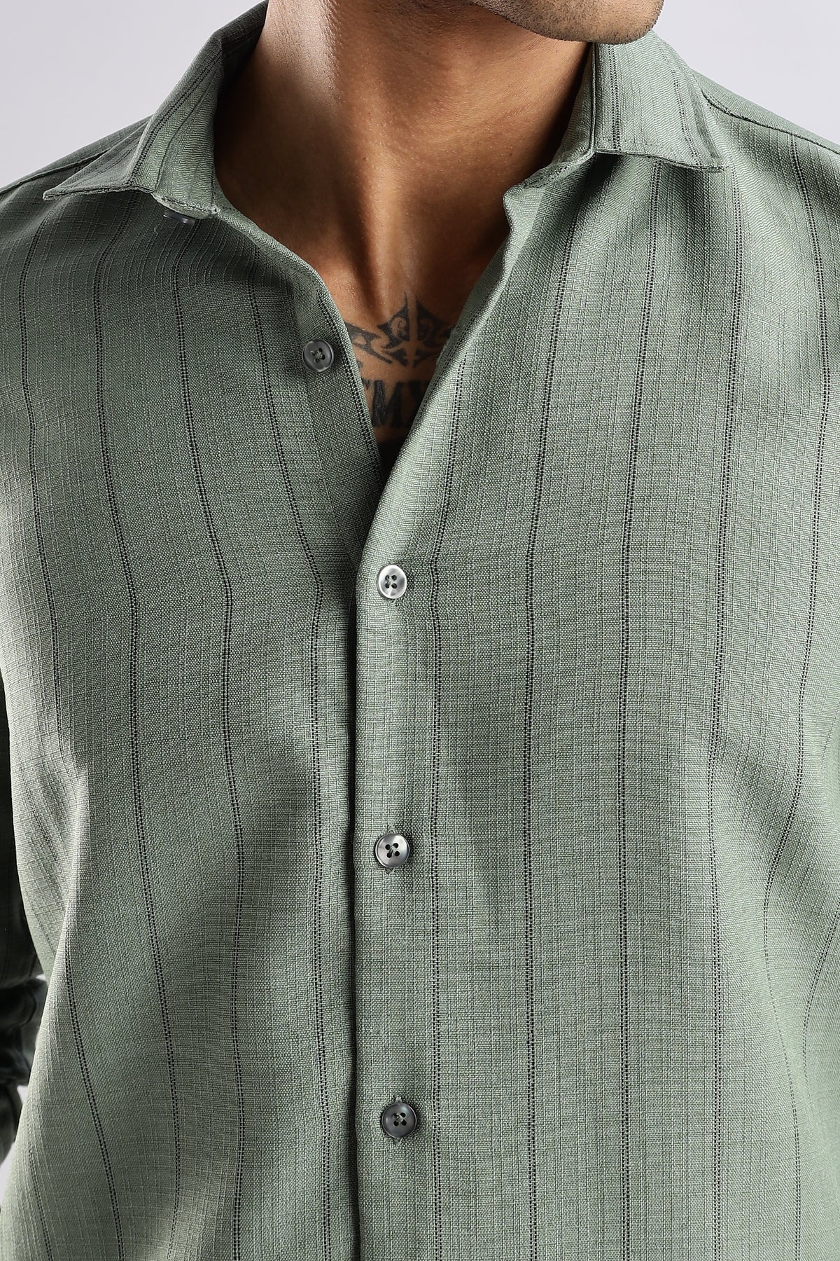 Men Air Like Linen Stripes Shirt-Olive