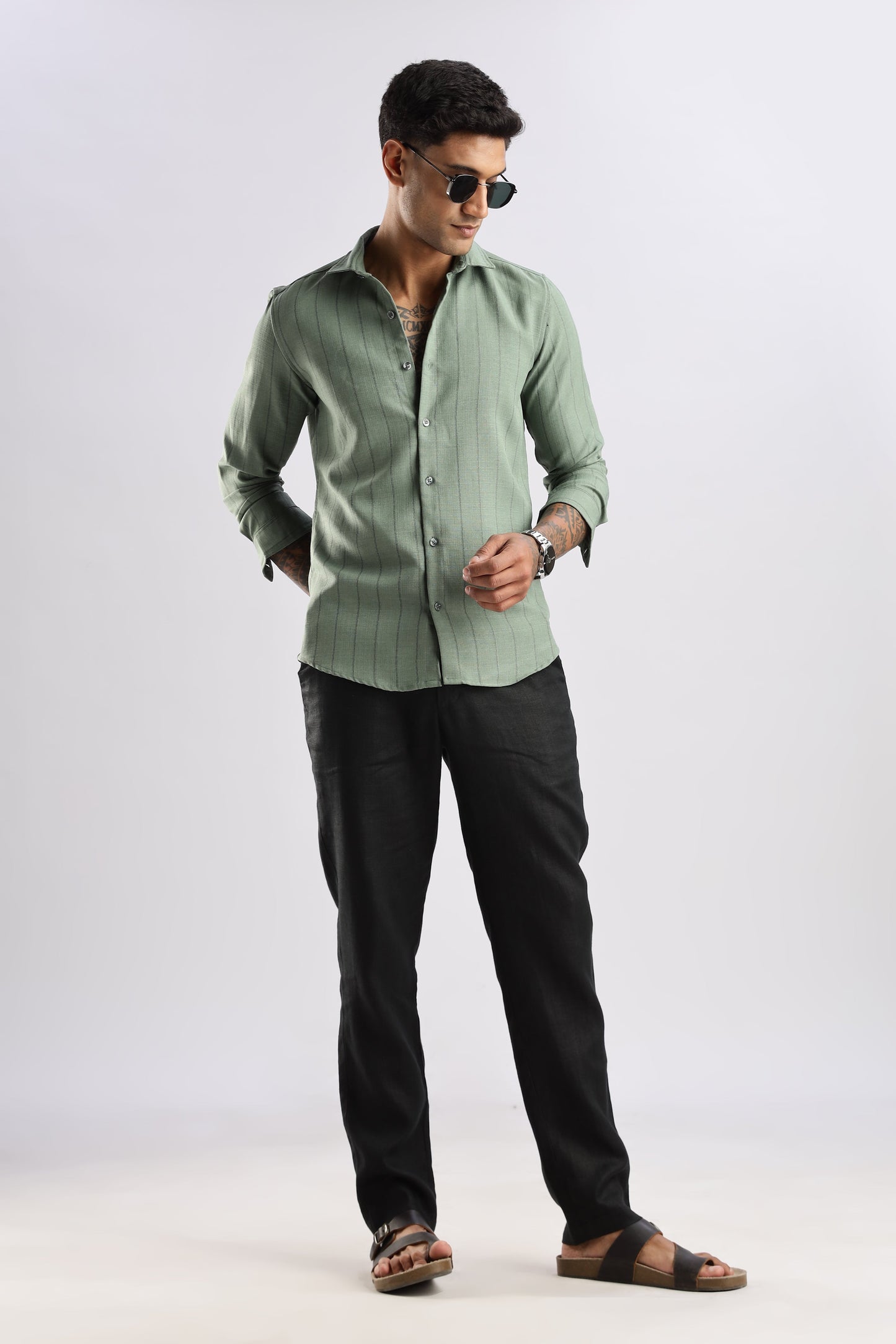 Men Air Like Linen Stripes Shirt-Olive