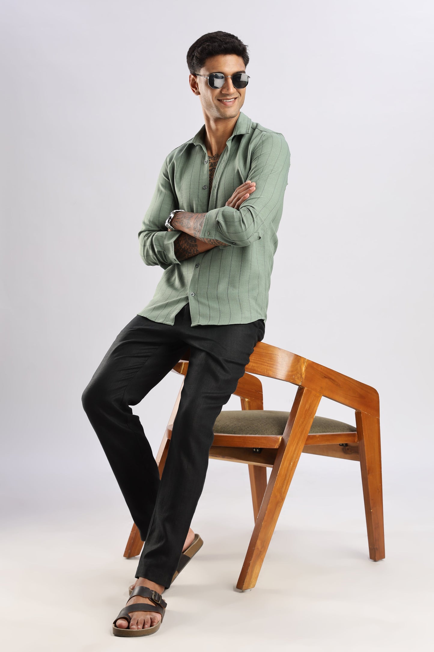 Men Air Like Linen Stripes Shirt-Olive