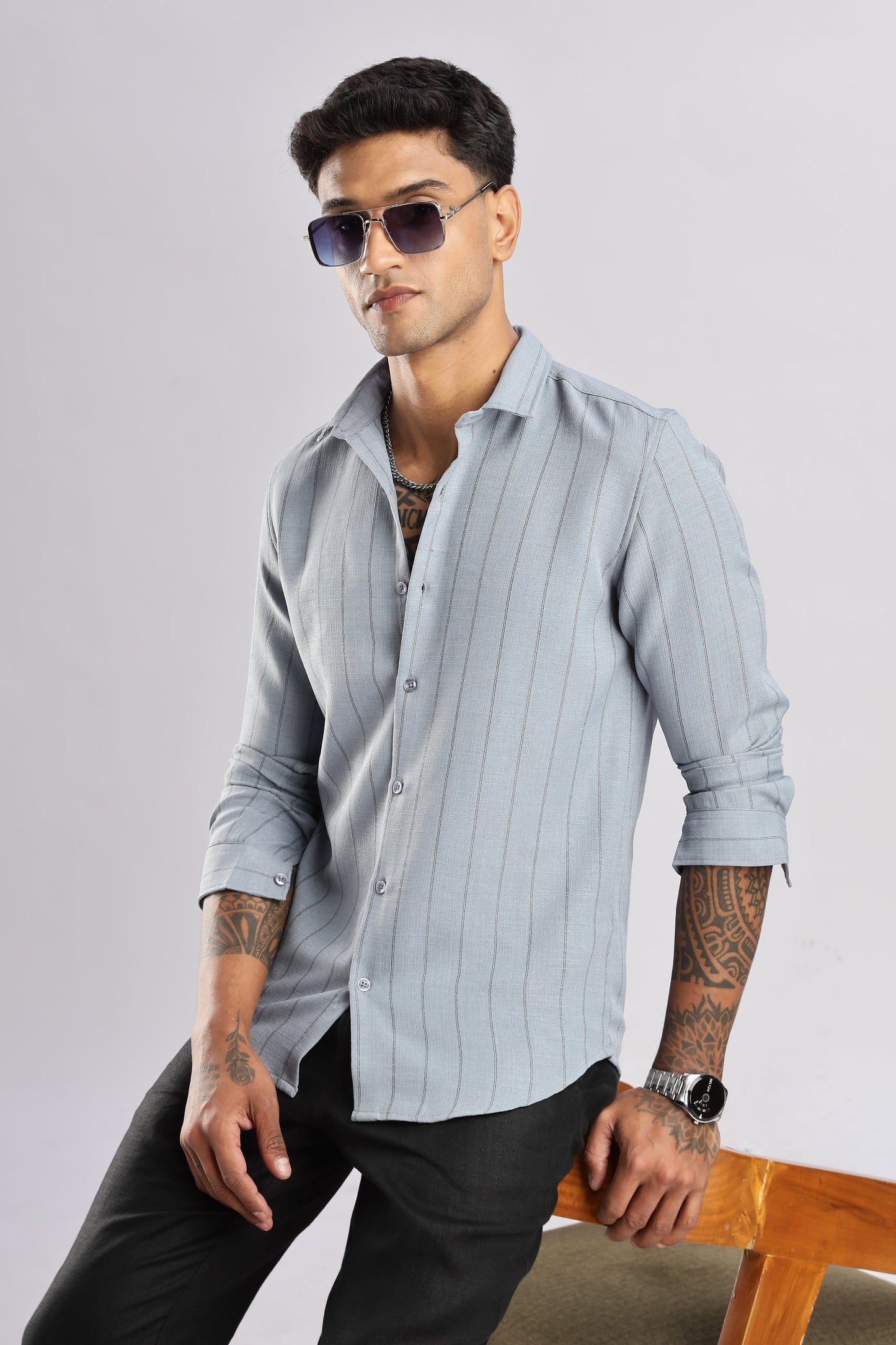 Men Air Like Linen Stripes Shirt-Grey