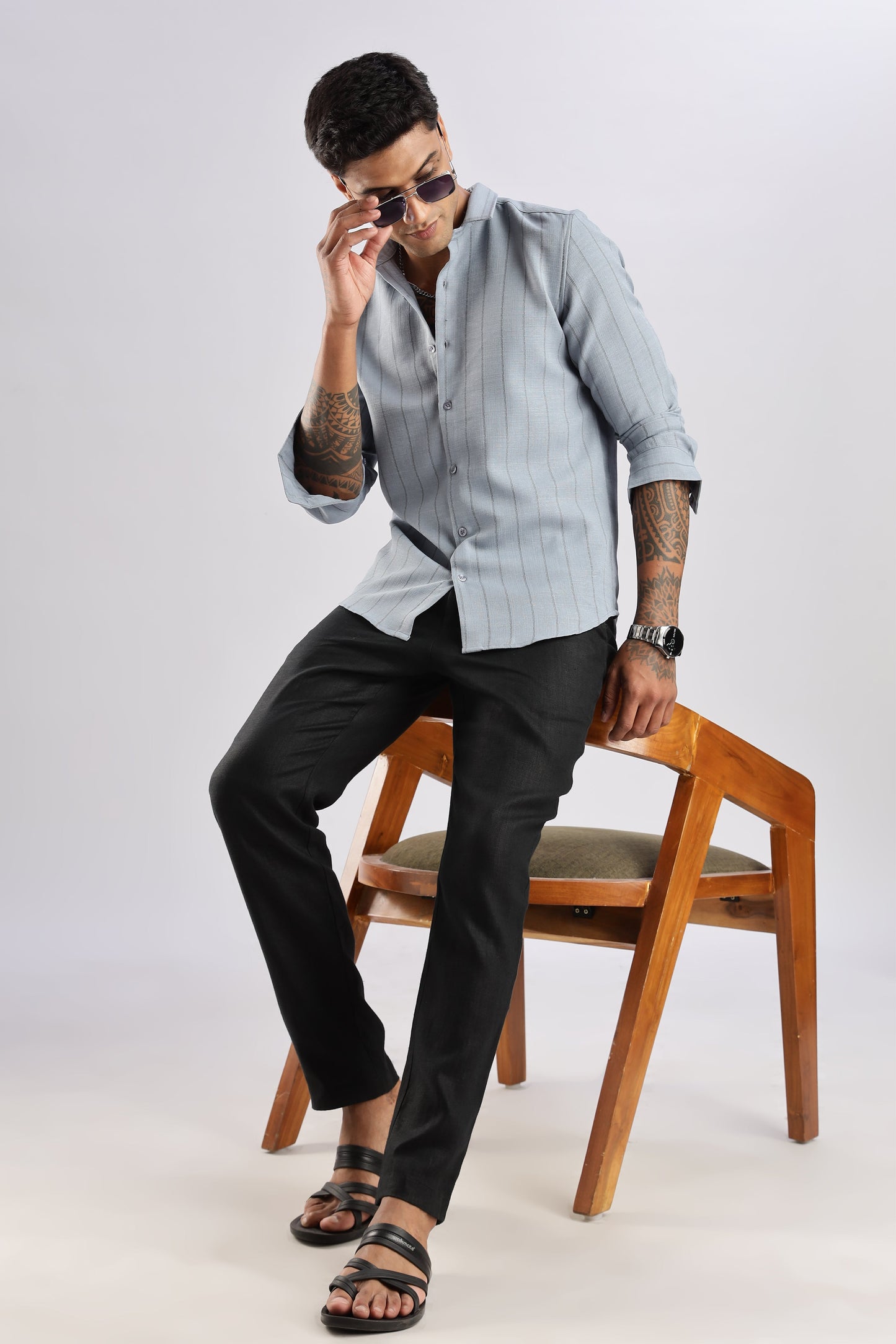 Men Air Like Linen Stripes Shirt-Grey