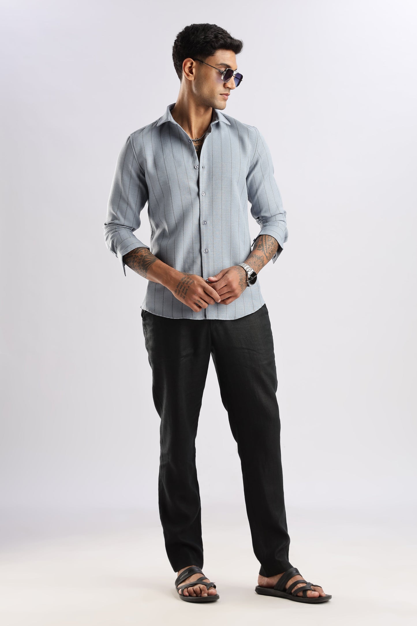 Men Air Like Linen Stripes Shirt-Grey