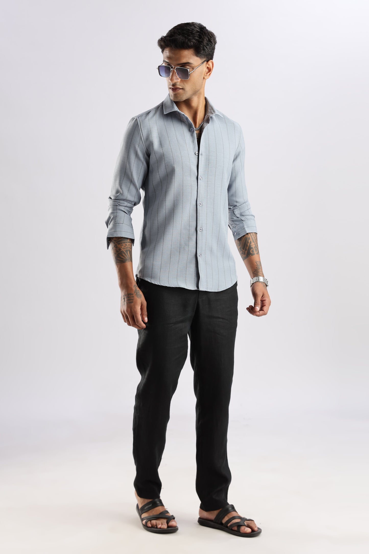 Men Air Like Linen Stripes Shirt-Grey