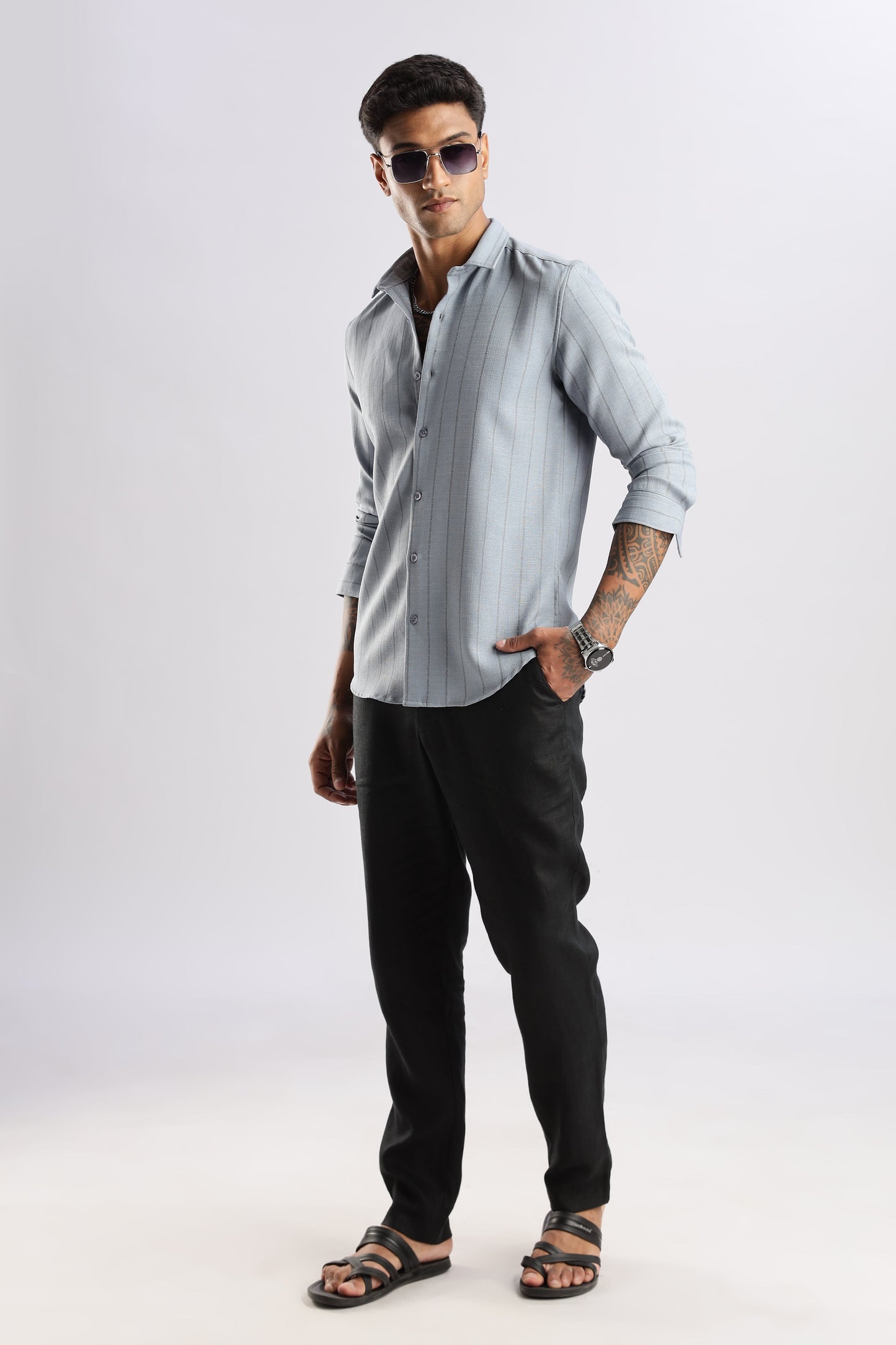 Men Air Like Linen Stripes Shirt-Grey