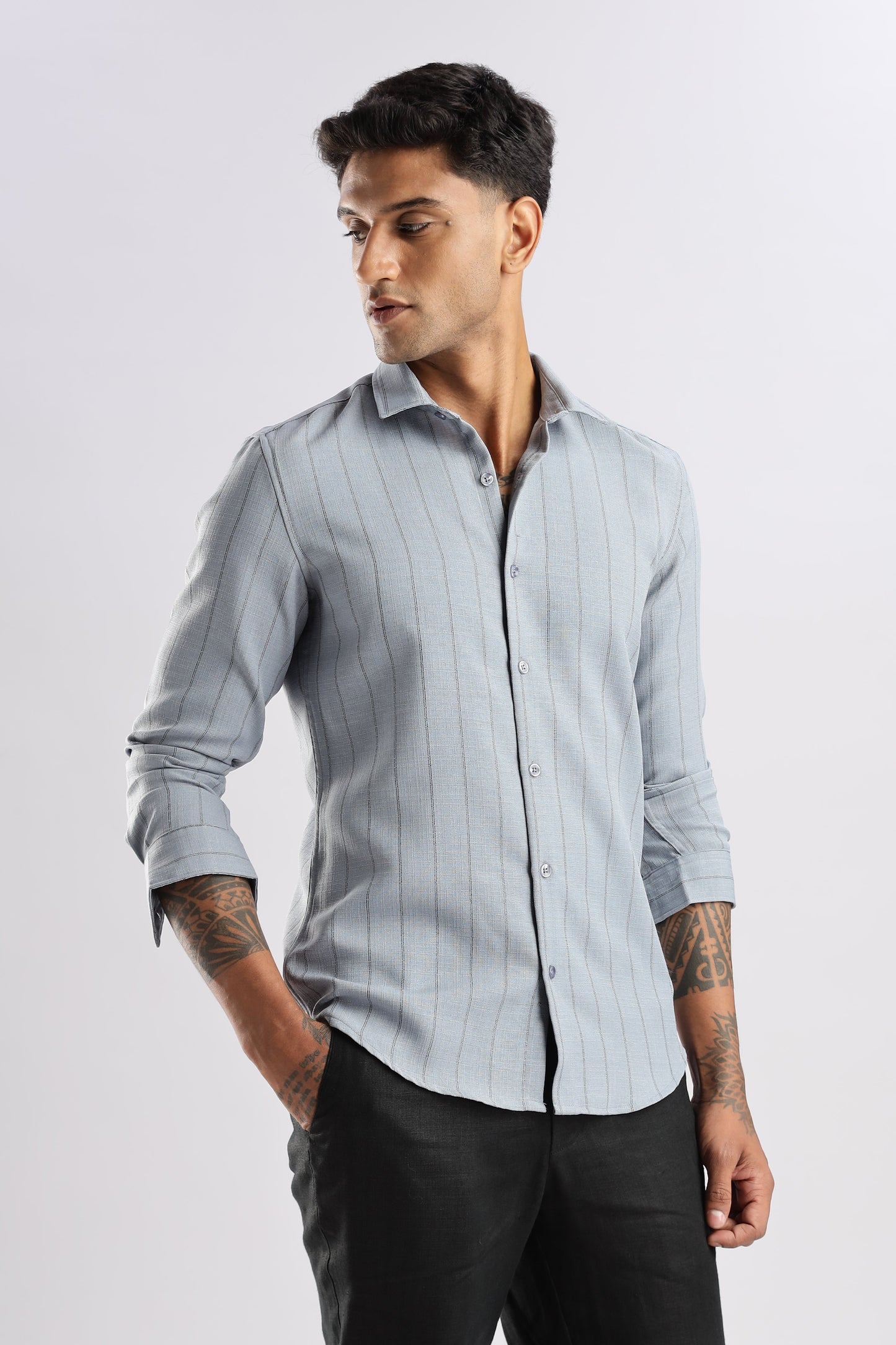 Men Air Like Linen Stripes Shirt-Grey