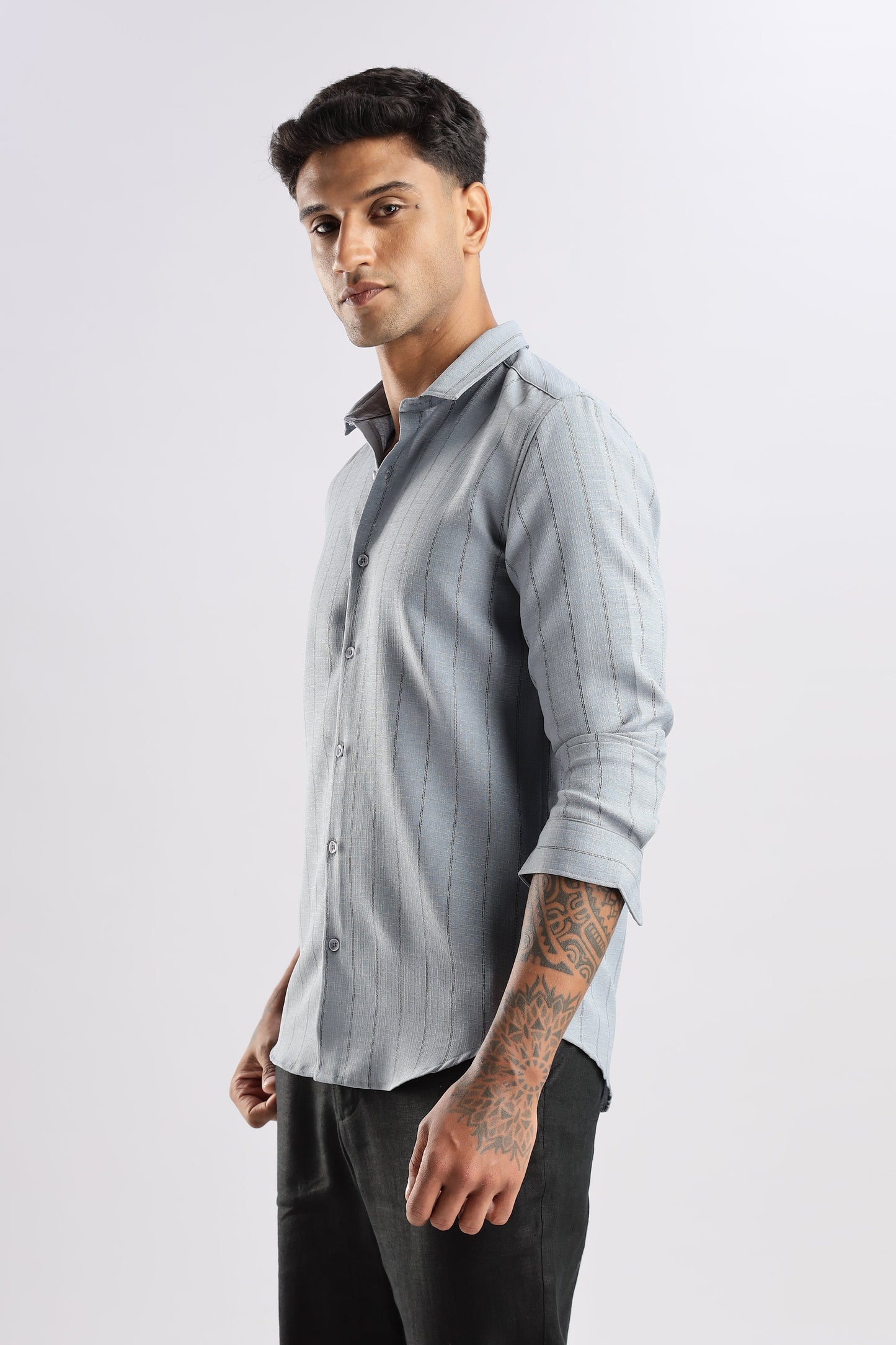 Men Air Like Linen Stripes Shirt-Grey