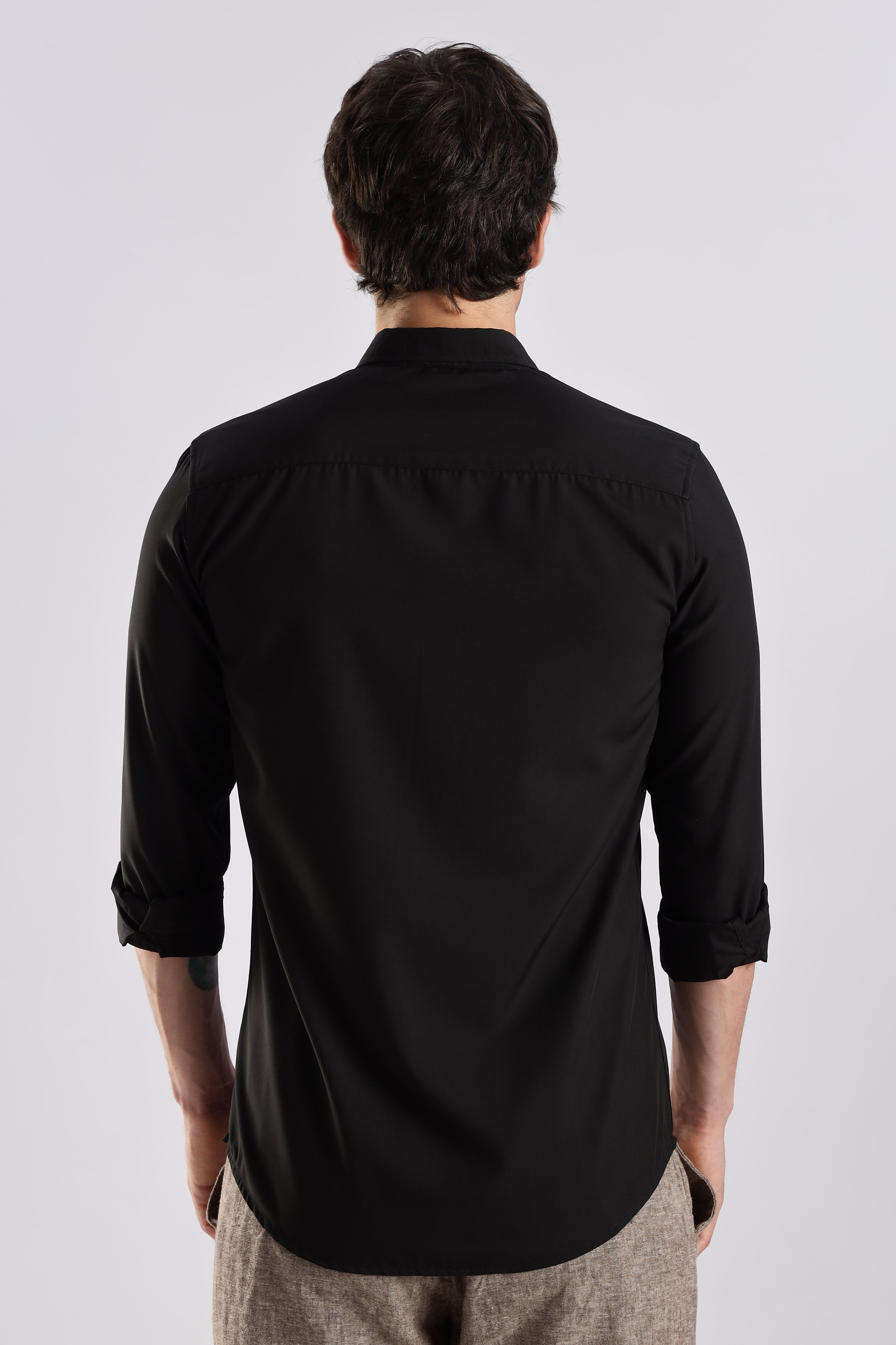 Men Liquid Nylon Plain Shirts-Black