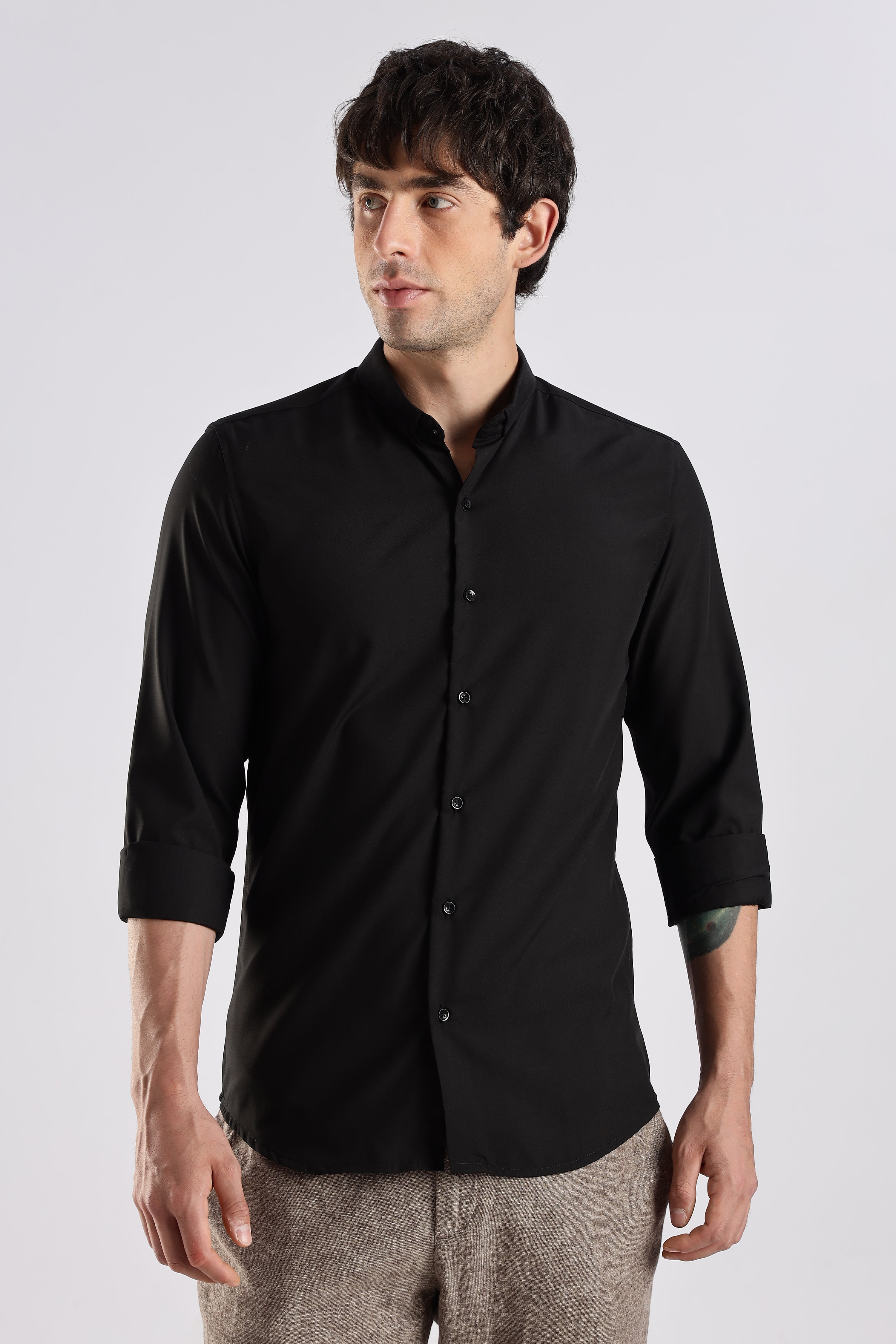 Men Liquid Nylon Plain Shirts-Black