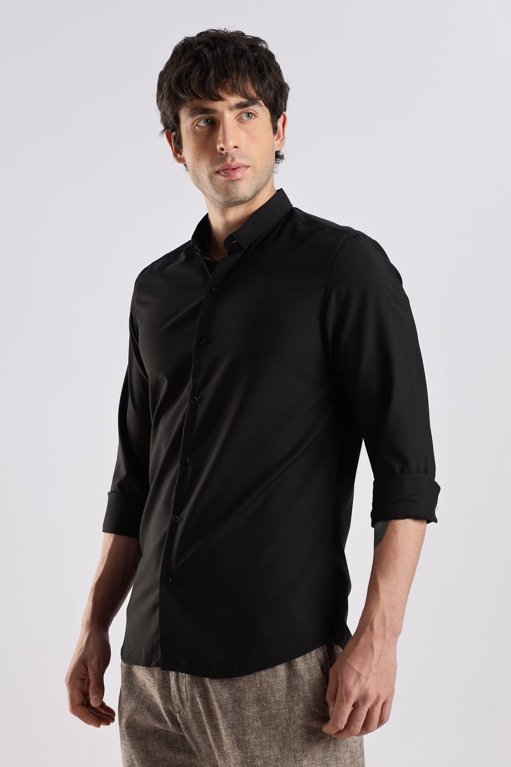 Men Liquid Nylon Plain Shirts-Black