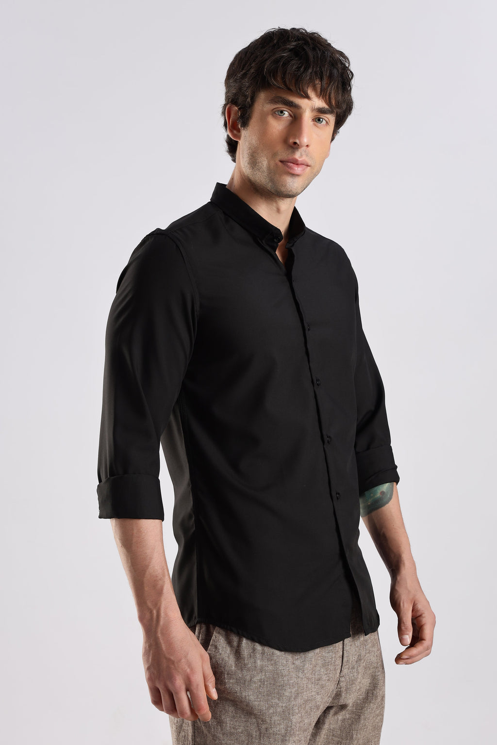 Men Liquid Nylon Plain Shirts-Black