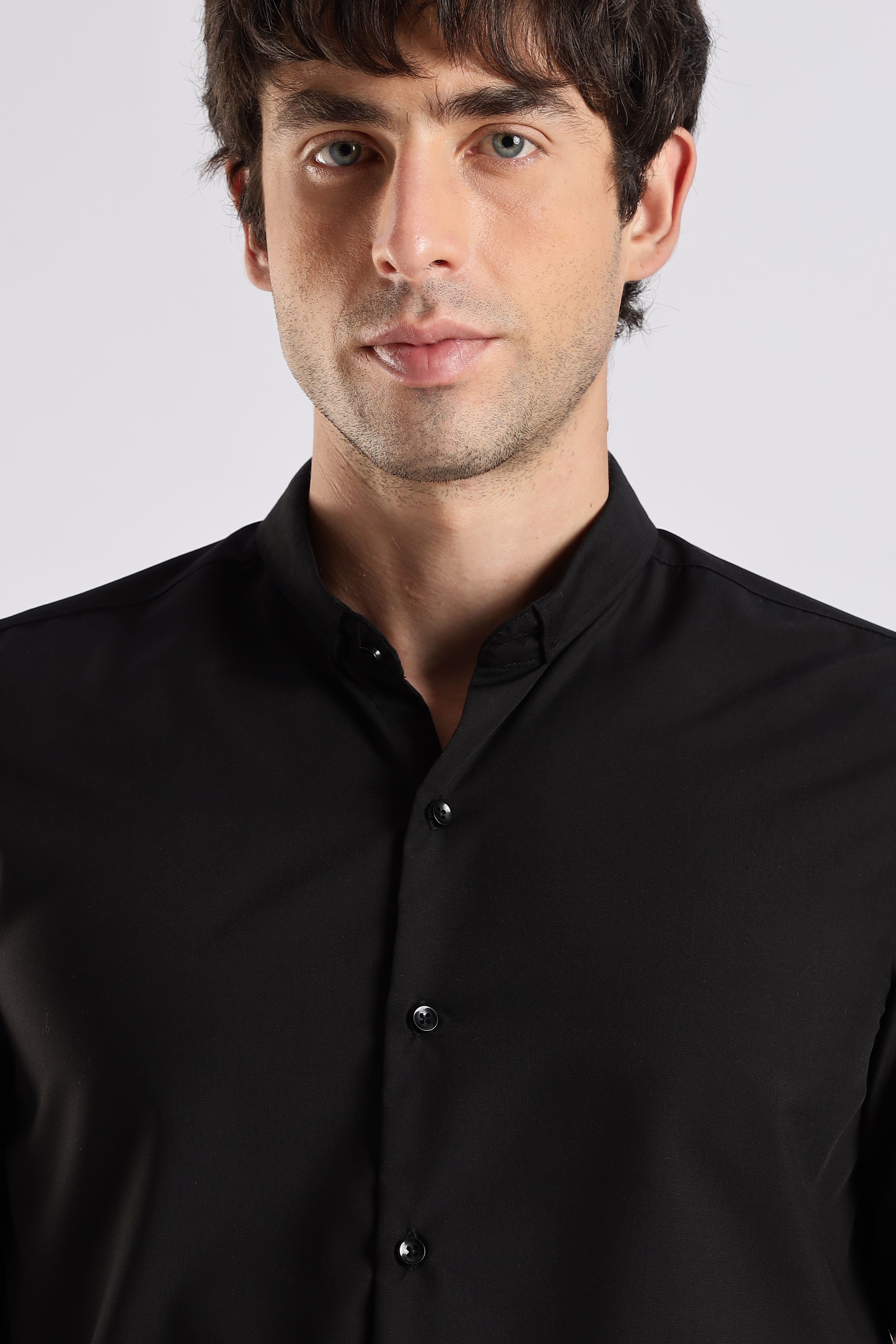 Men Liquid Nylon Plain Shirts-Black