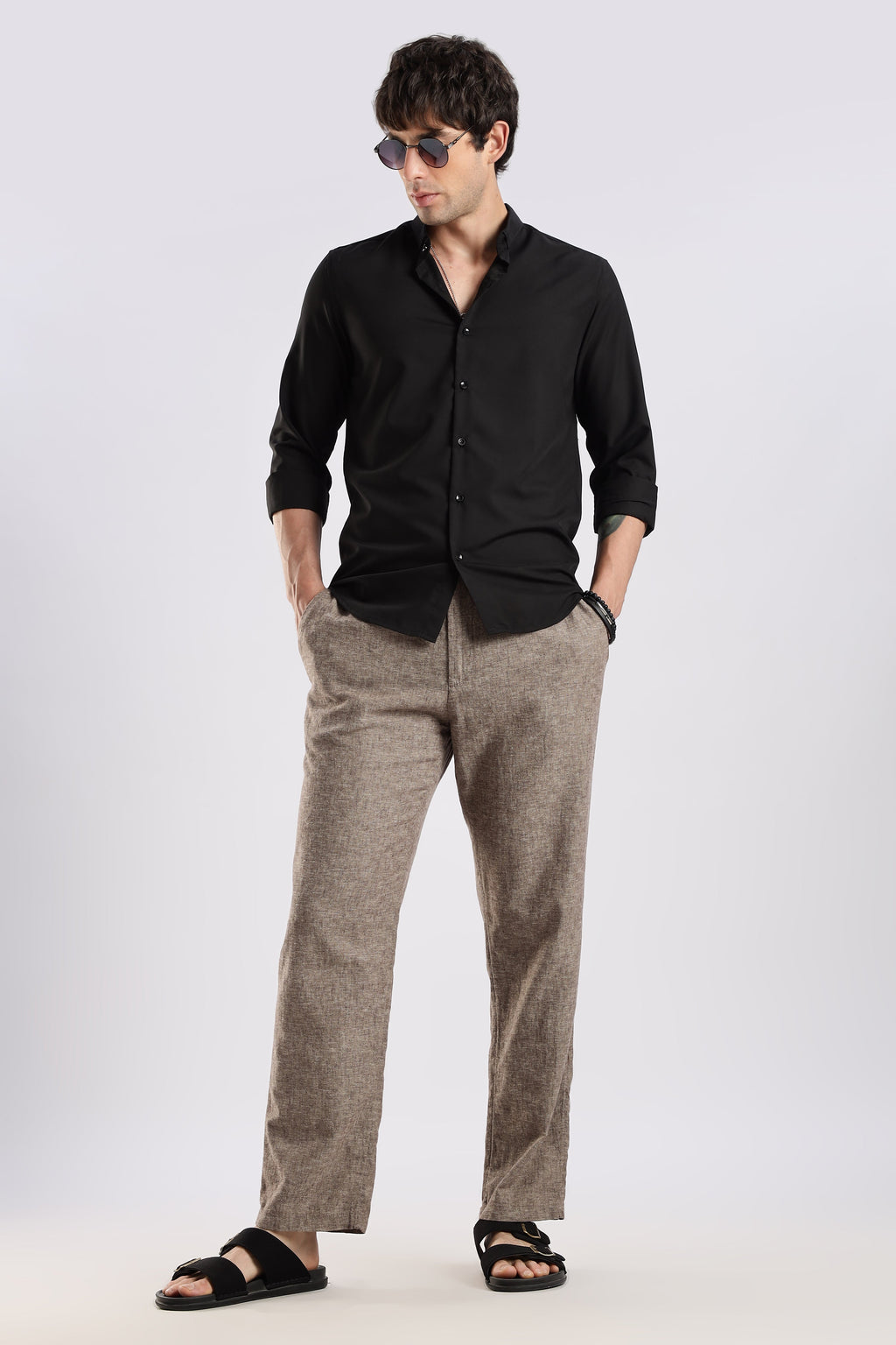 Men Liquid Nylon Plain Shirts-Black