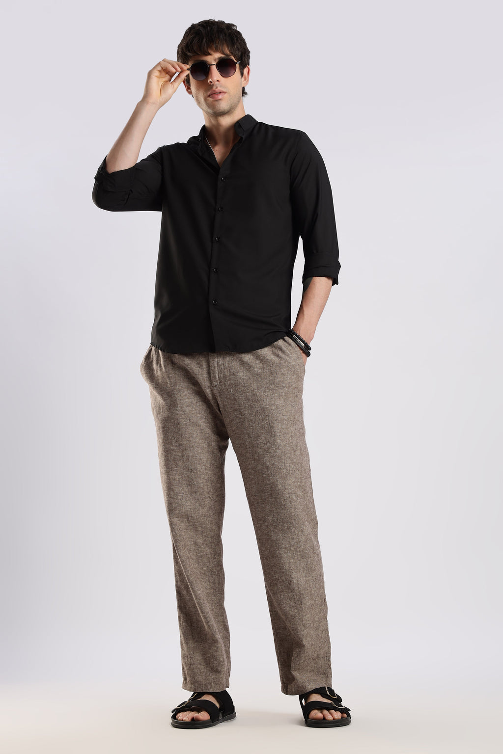 Men Liquid Nylon Plain Shirts-Black