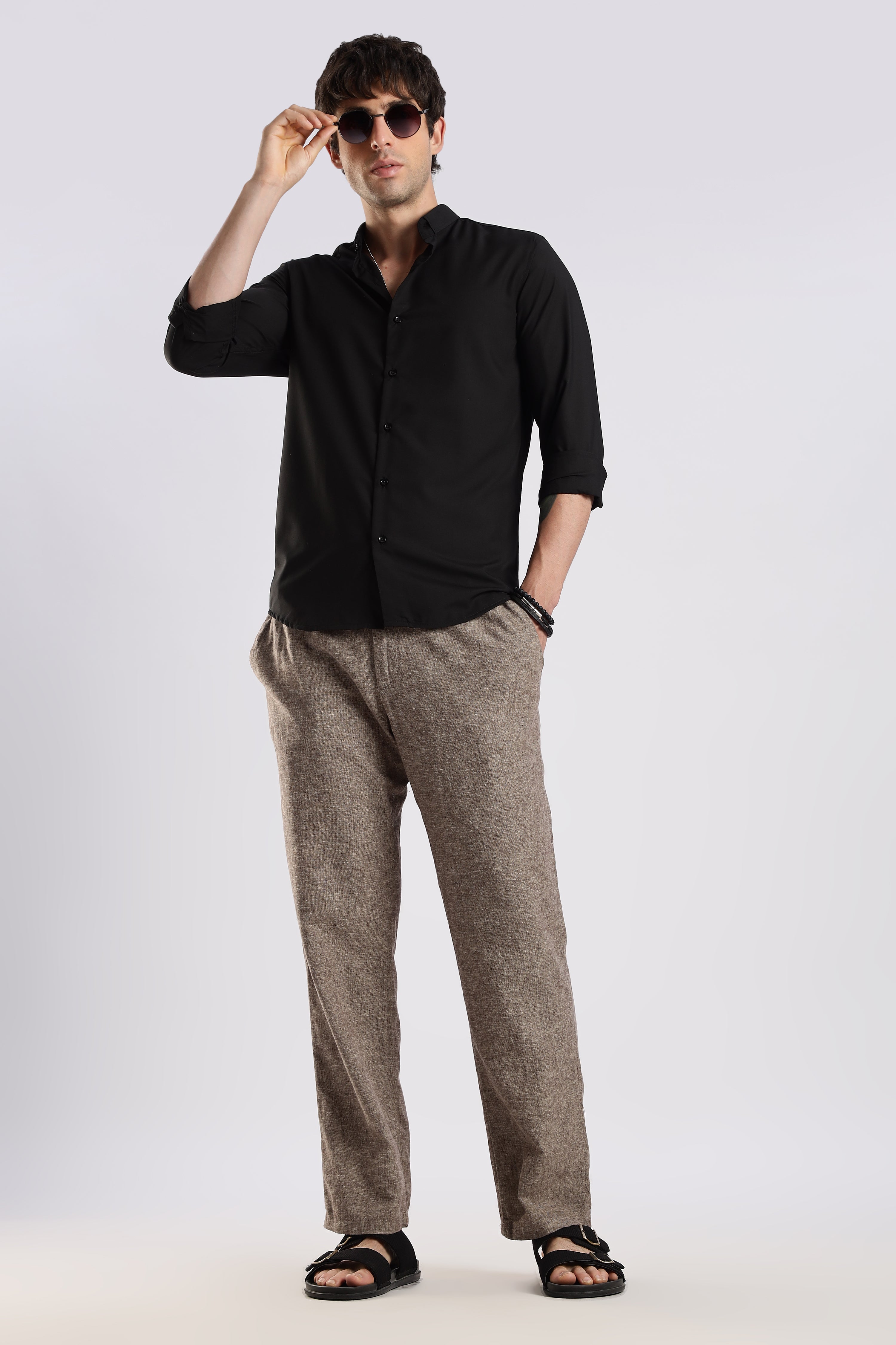 Men Liquid Nylon Plain Shirts-Black