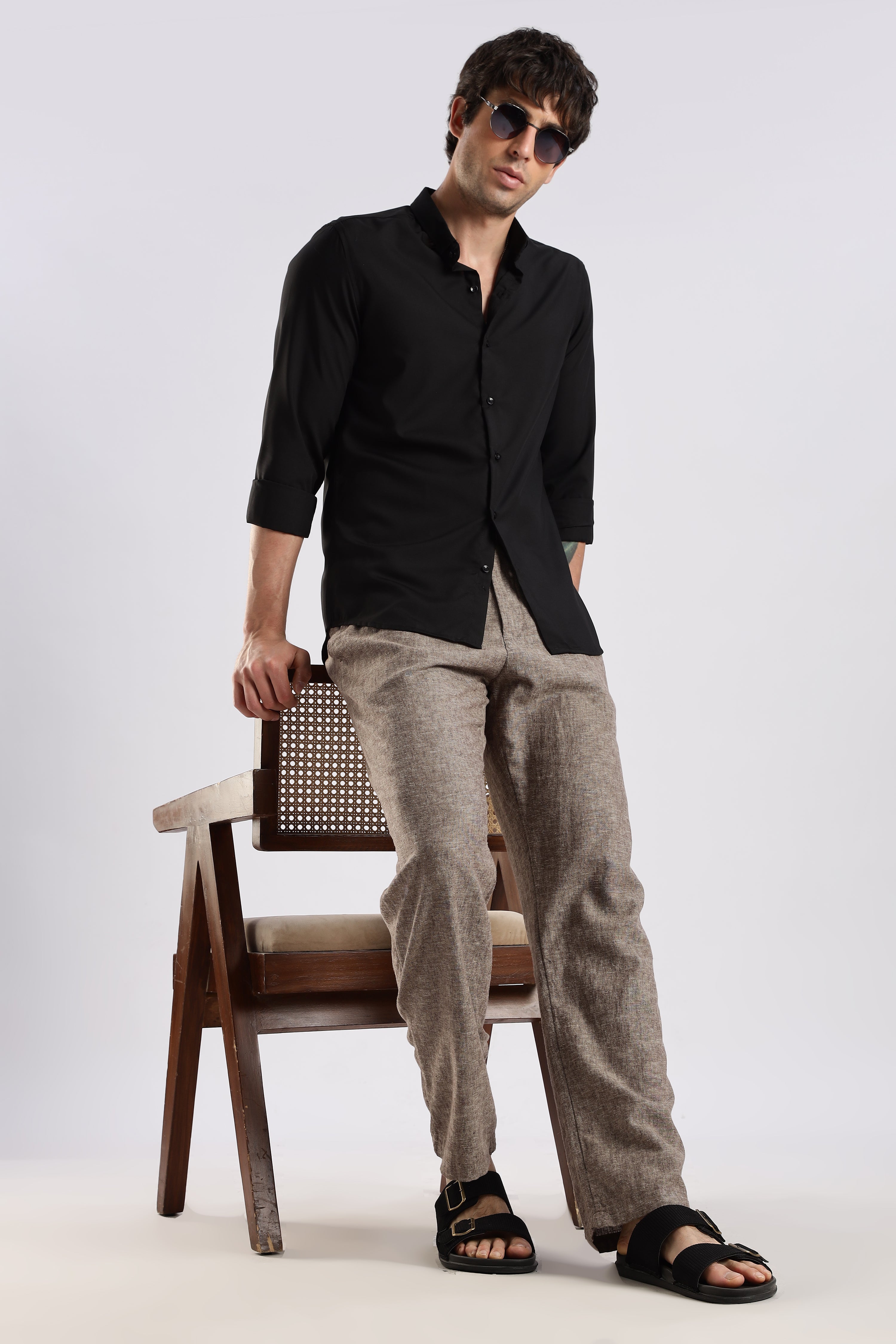 Men Liquid Nylon Plain Shirts-Black