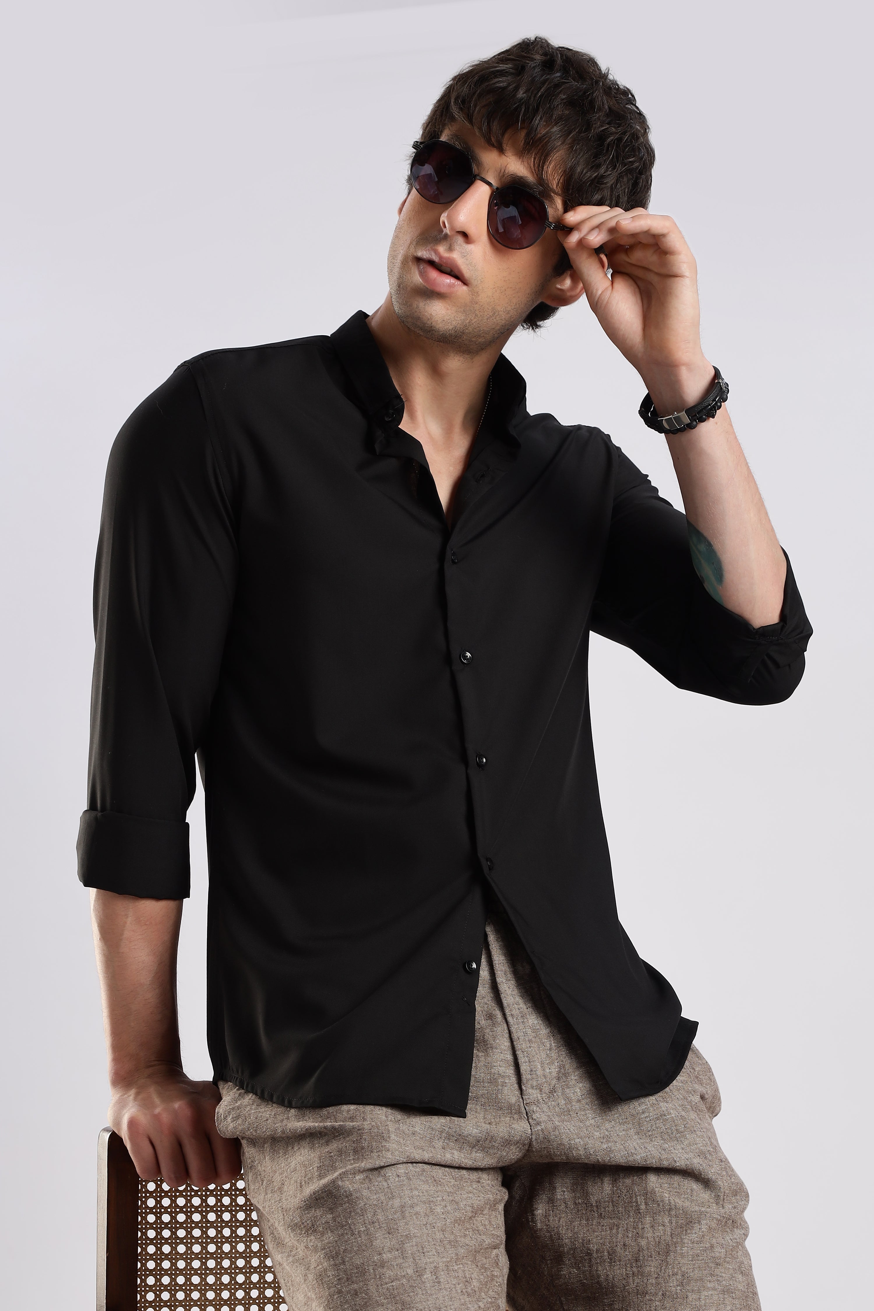 Men Liquid Nylon Plain Shirts-Black
