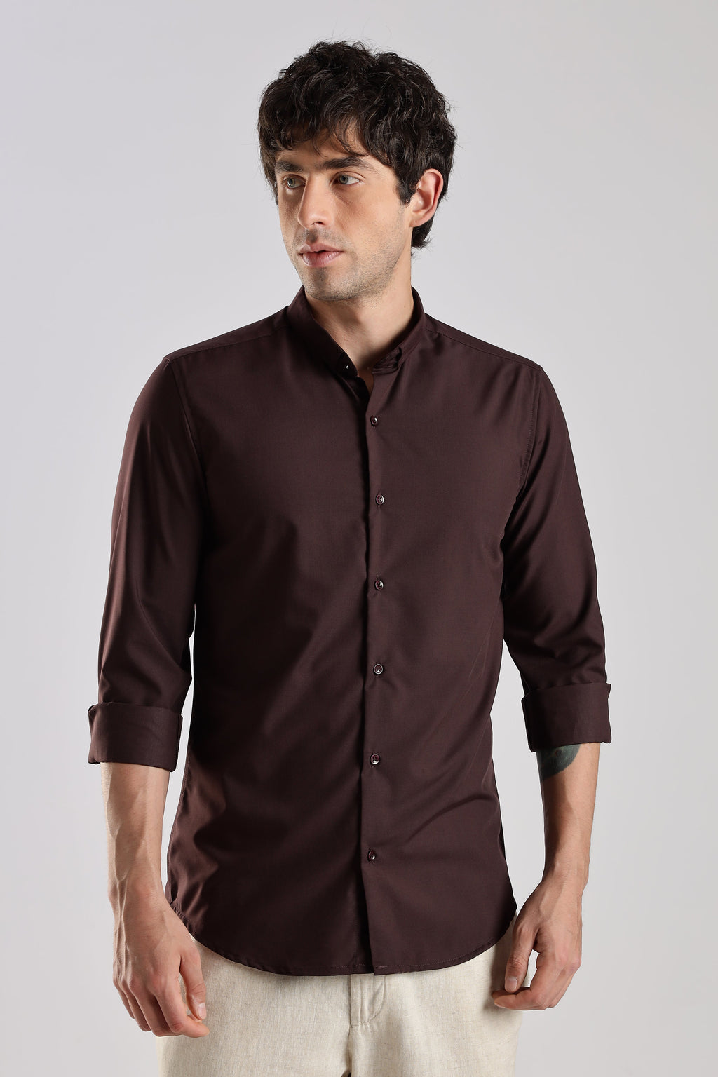 Men Liquid Nylon Plain Shirts-Maroon