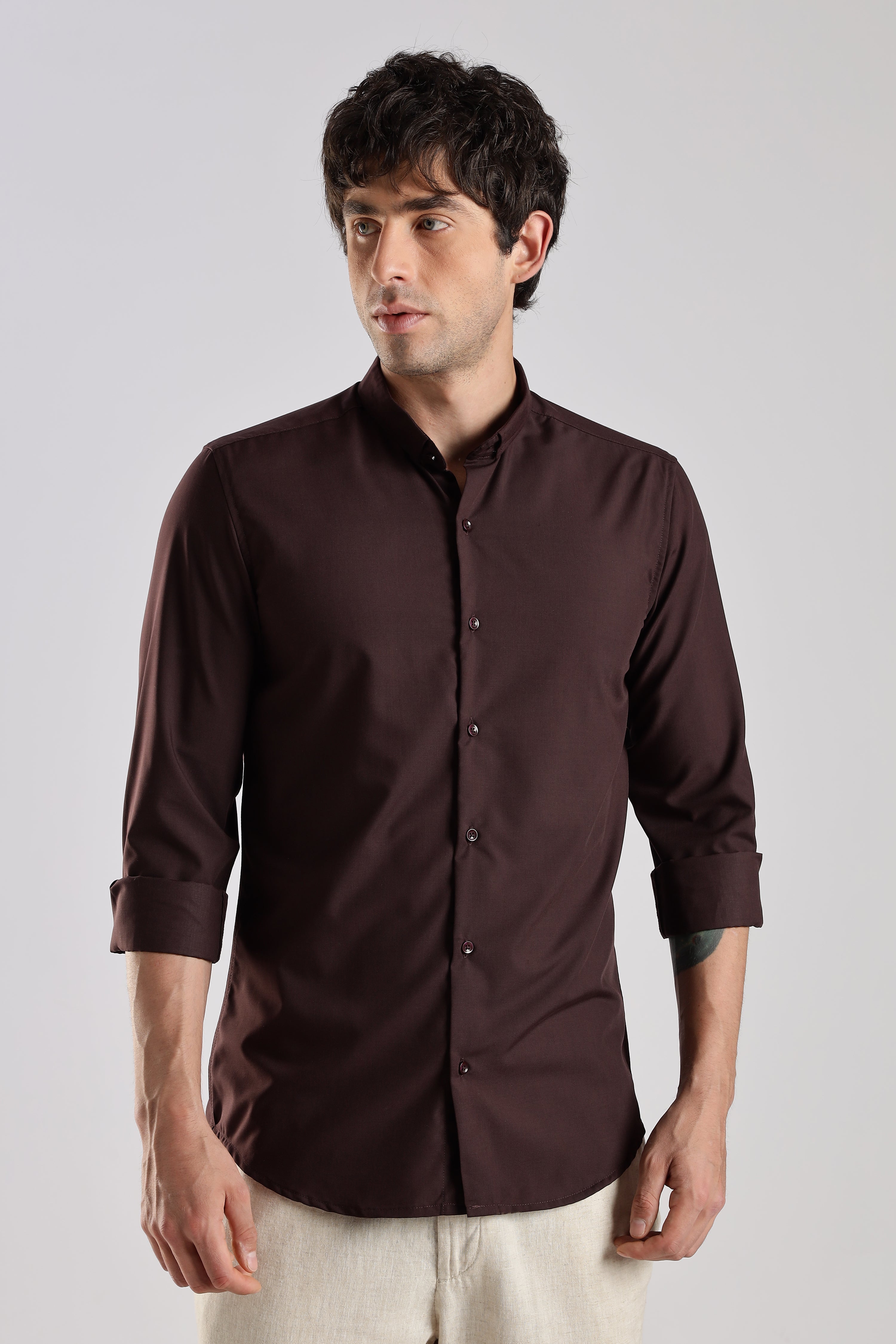 Men Liquid Nylon Plain Shirts-Maroon