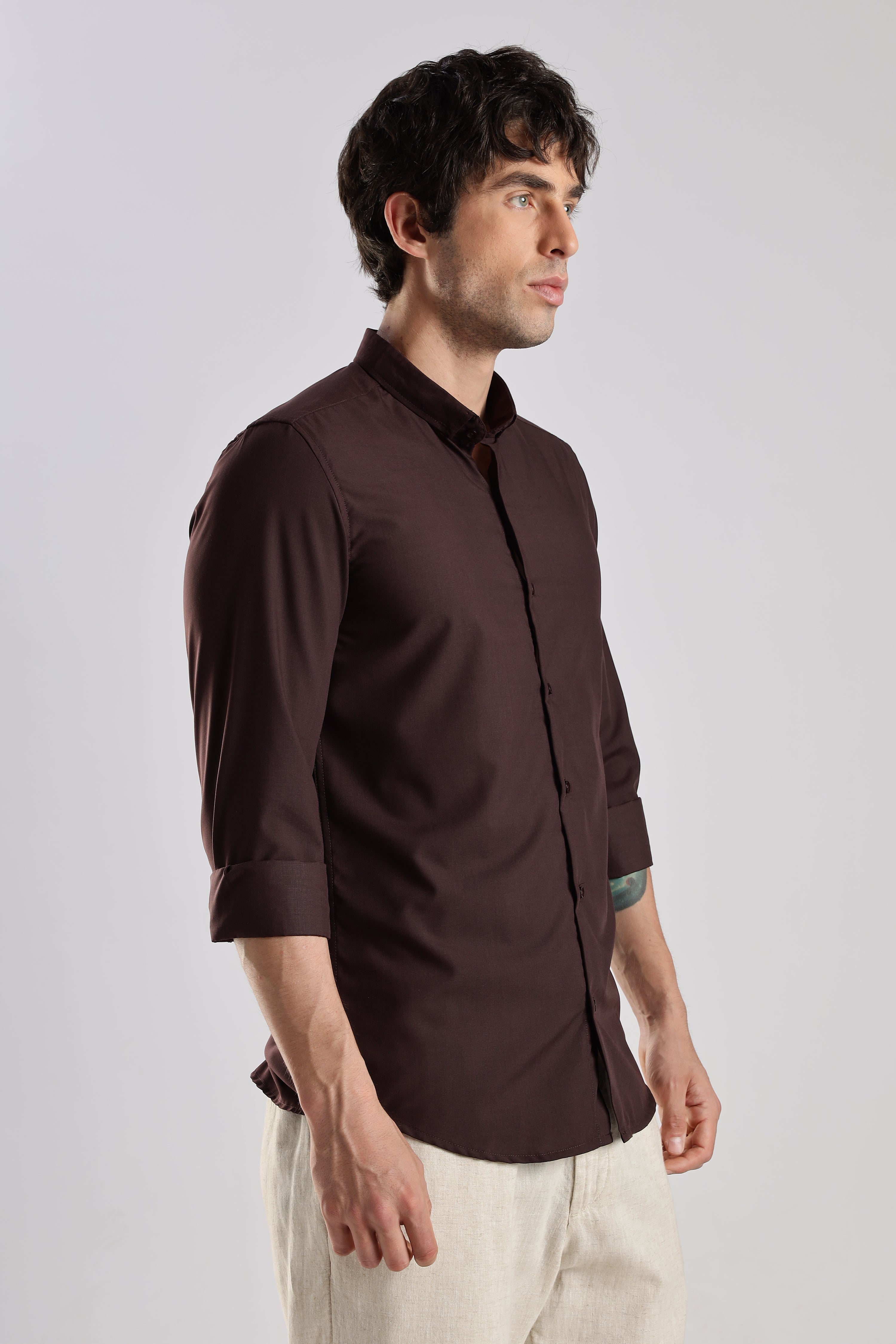 Men Liquid Nylon Plain Shirts-Maroon