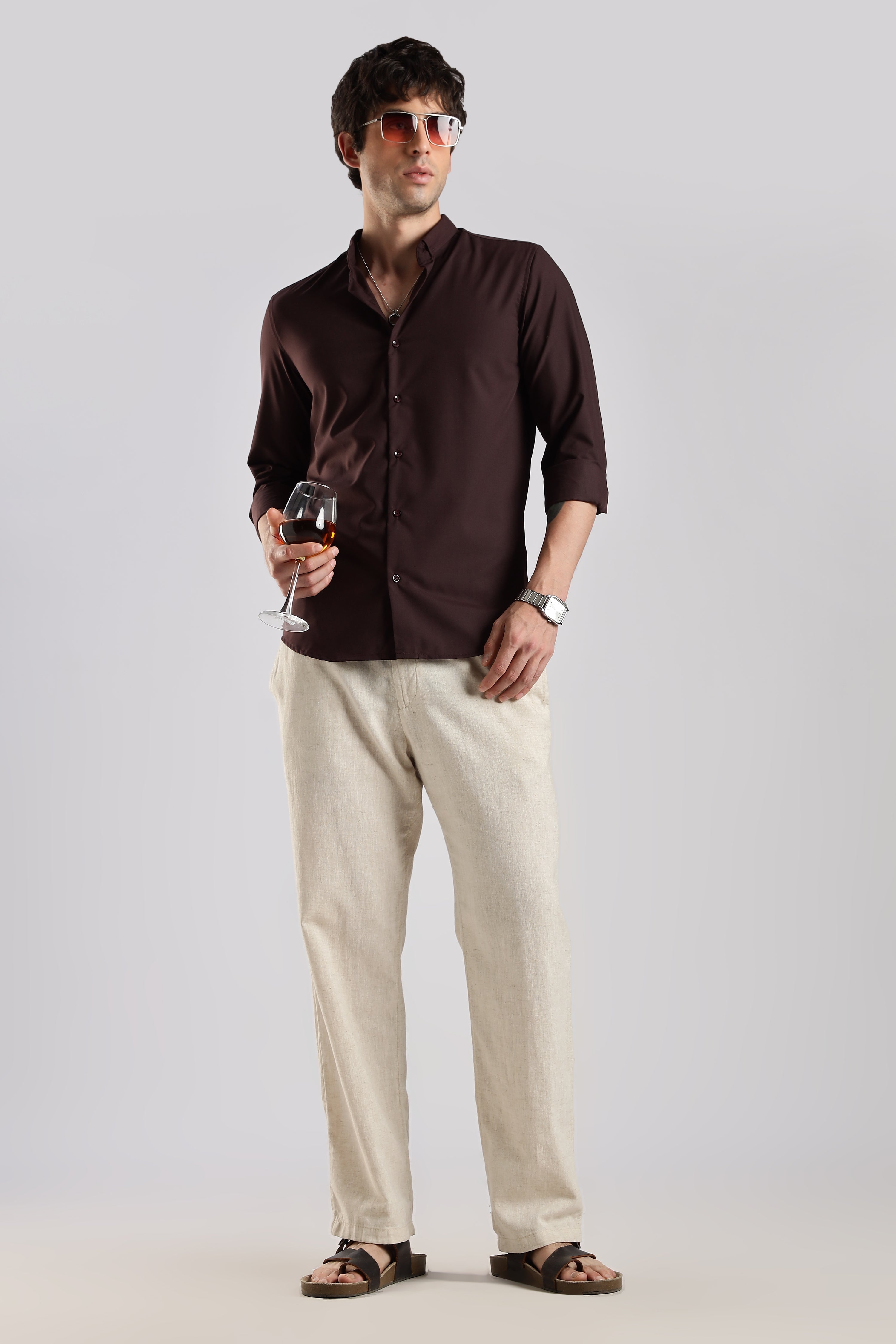 Men Liquid Nylon Plain Shirts-Maroon