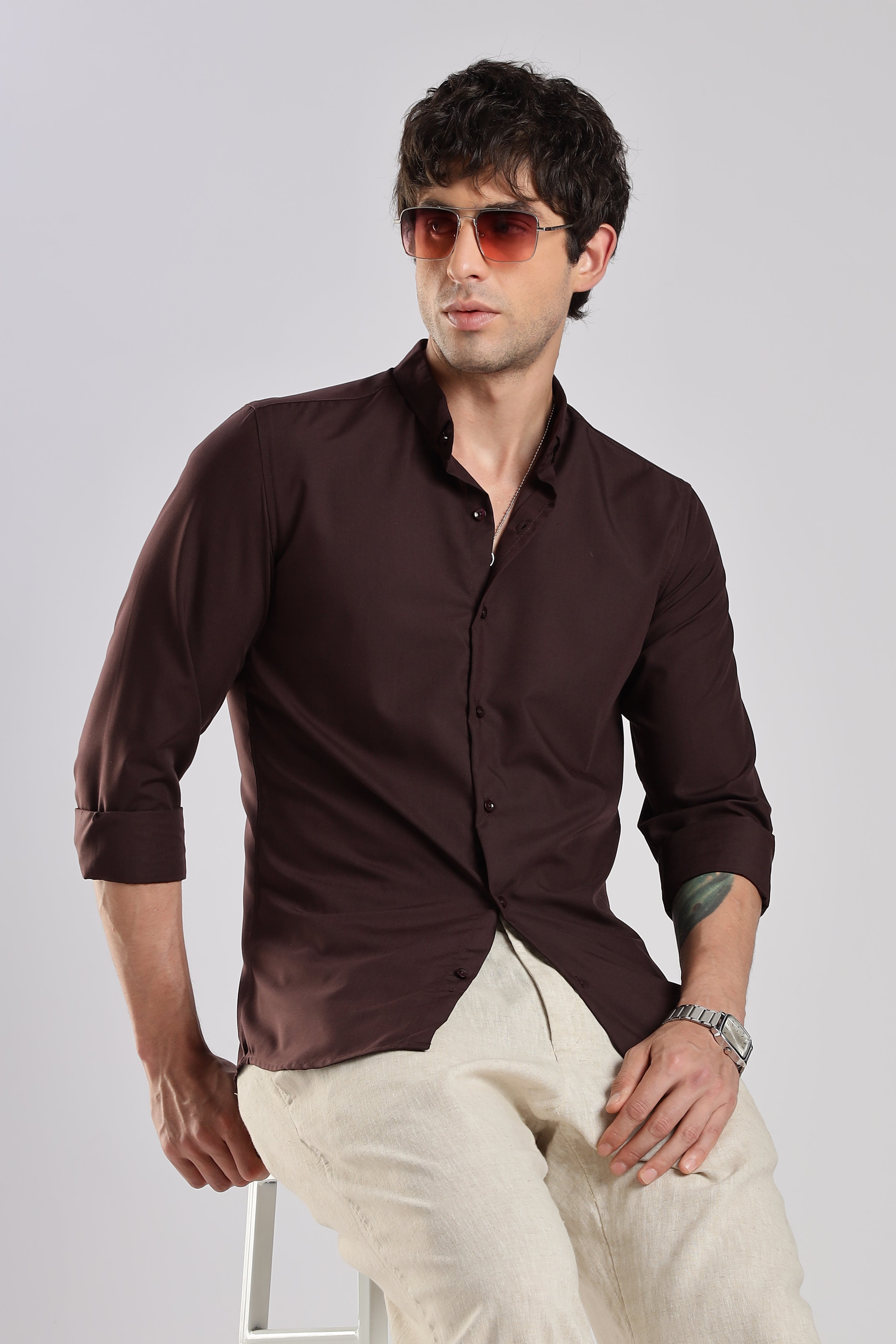 Men Liquid Nylon Plain Shirts-Maroon