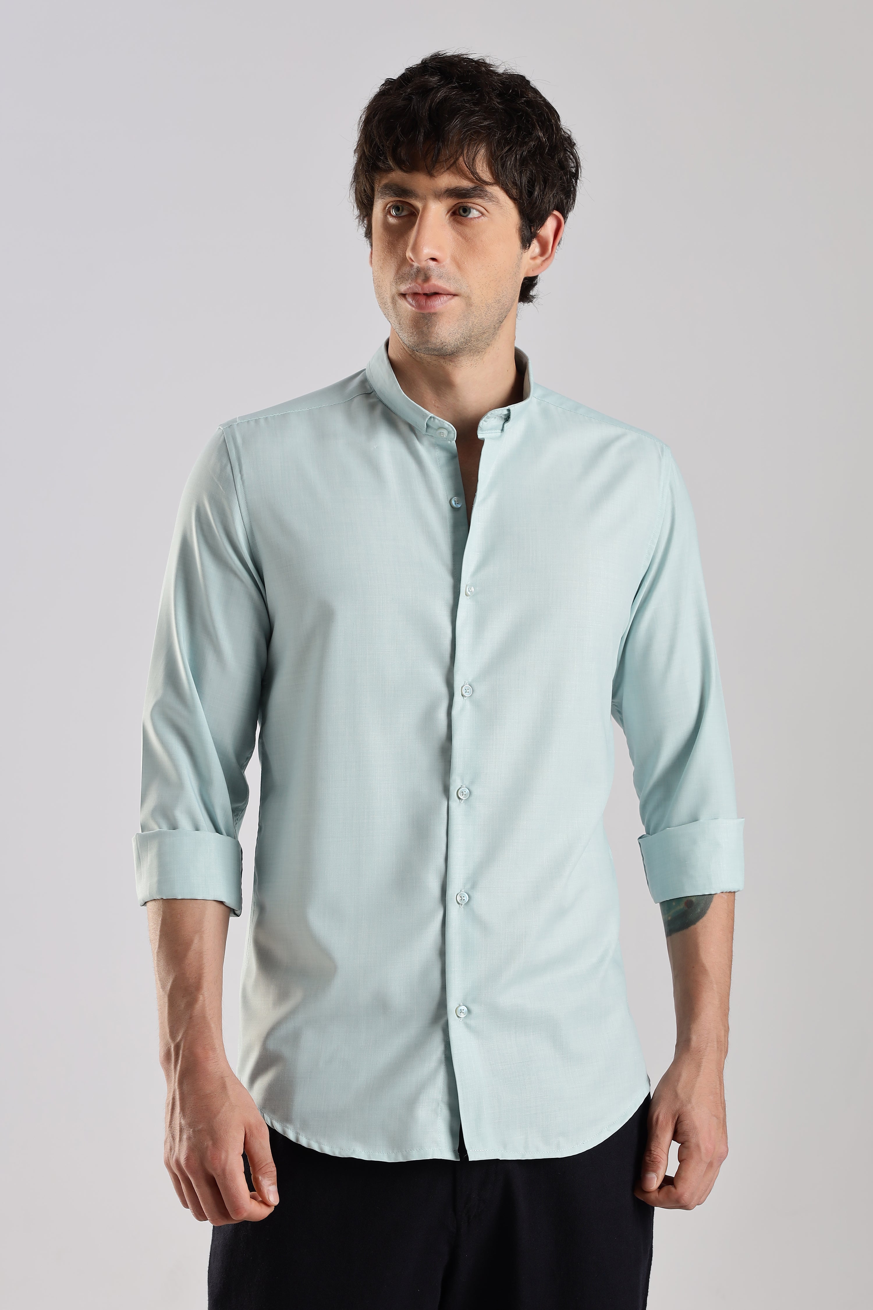 Men Liquid Nylon Plain Shirts-Sky Blue